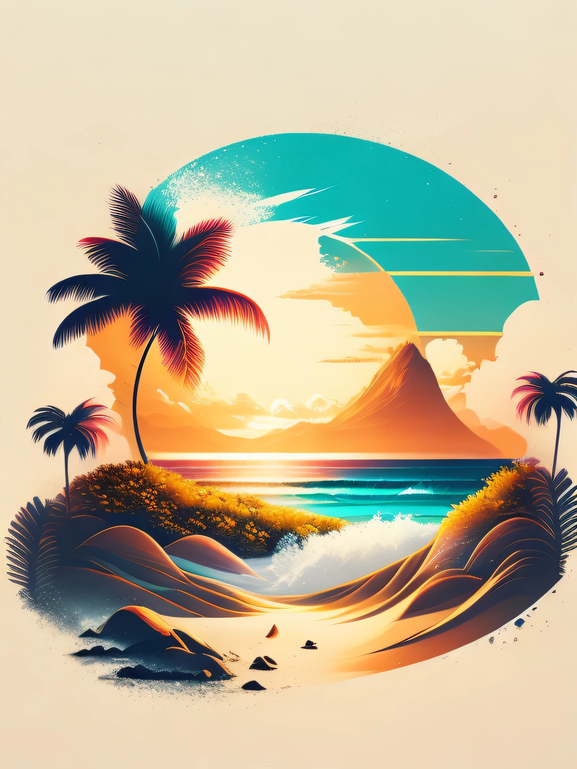 "movimento, A beach in a summer landscape, design de camiseta, no meio da jornada, arte vetorial, hidro74"