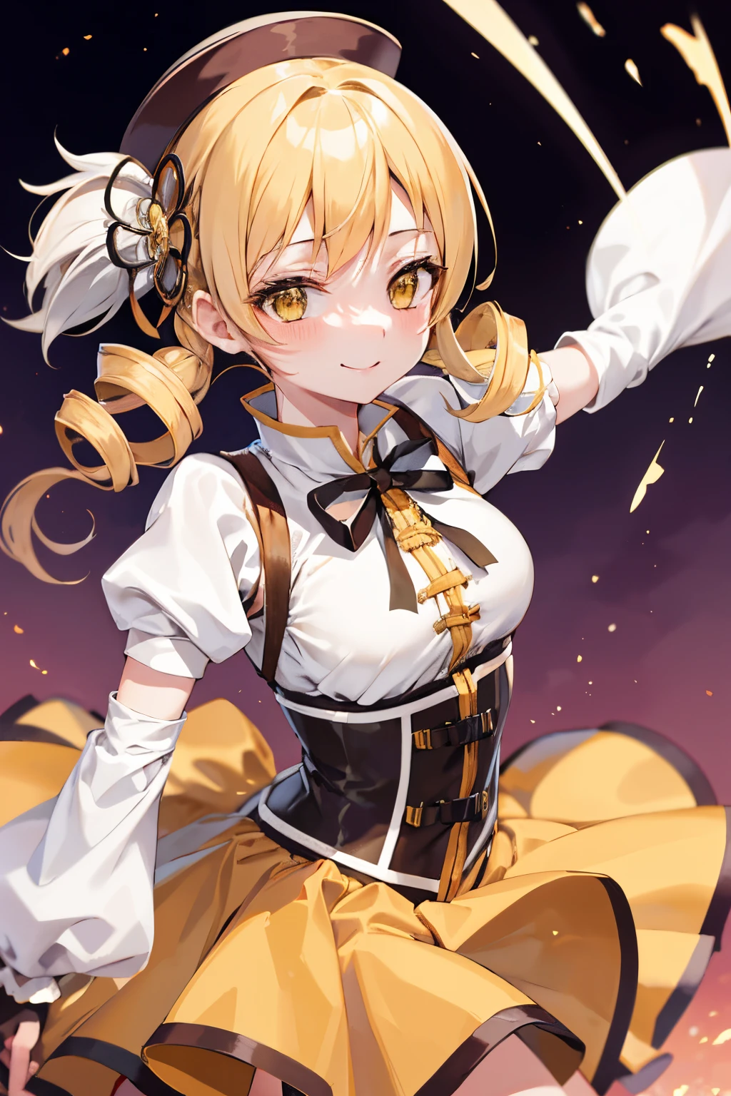 masutepiece, Best Quality, 1girl in, (Mami Tomoe), Blonde hair, Drill Hair, twin drills, (Yellow eyes:1.2), Brown gloves, corsets, Detached sleeves, Fingerless gloves, Smile, hat, magical ***********, Puffy sleeves, striped thigh, Yellow skirt, coverd nippple, breasts, npclearly, Clearly , Hidden Private, Partially visible crotch, skyporn, evening, Sunset,