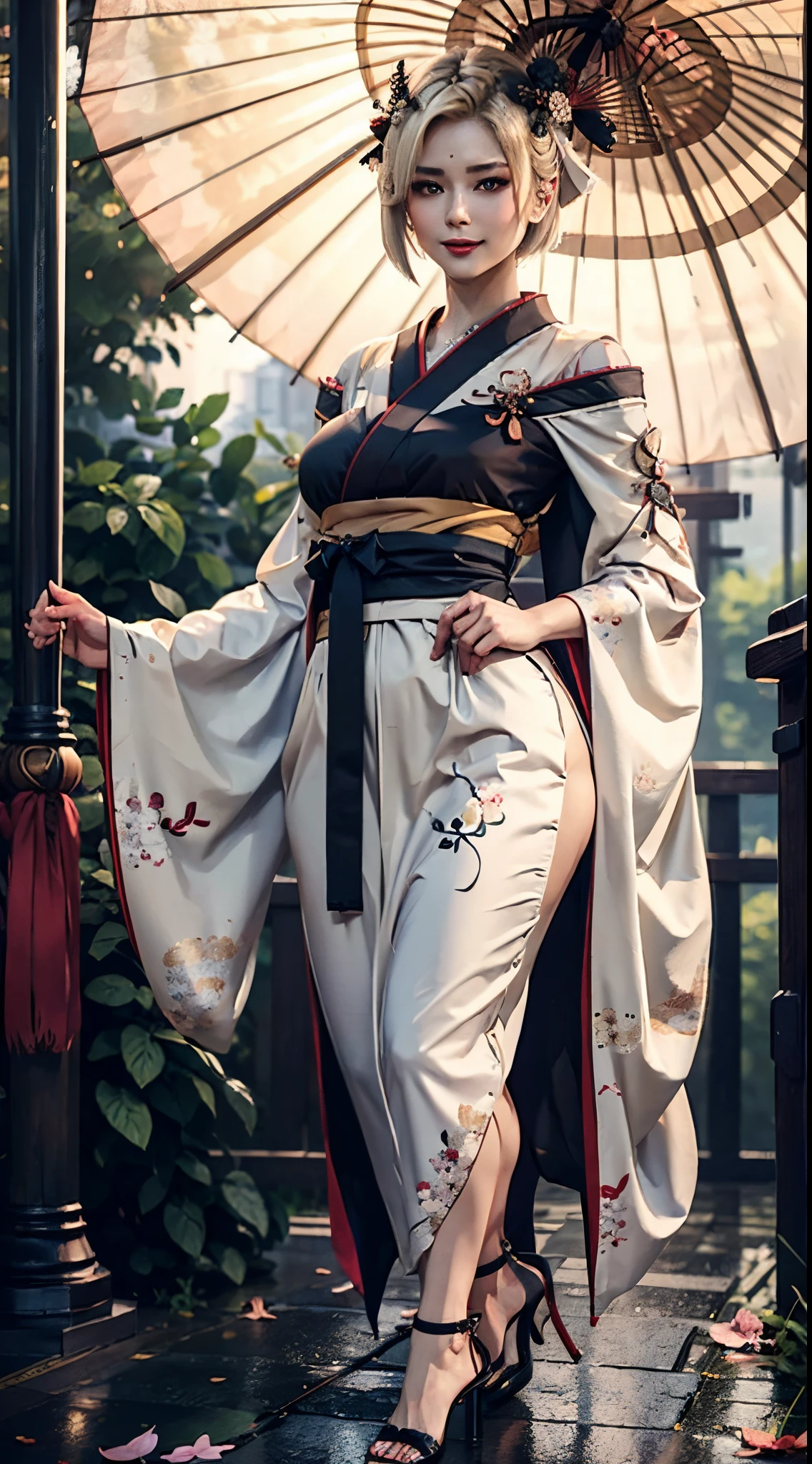 Masterpiece, highlydetailed, Hyperrealistic, HD fullbodyshot of beautiful geisha female with blond bob haircut, hairpins, wearing a falloff shoulders kimono holding Japanese umbrella, wearing high-heels geisha footwear, perfect face features with seductive look and charming smile, perfect body shape curvy, thick and muscular body, oni horn