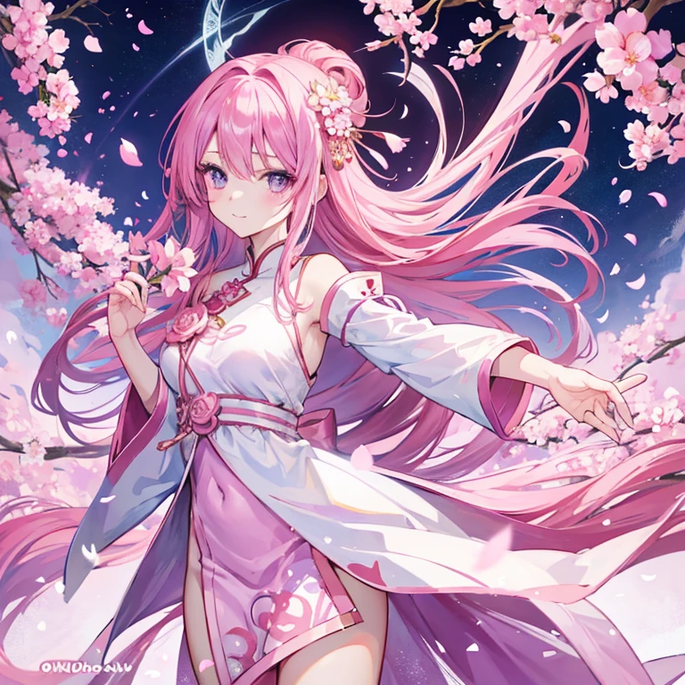An adult woman with pink eyes, long bright pink hair with fox ears. Wears an elegant dress. She must be wearing a pink leggings. she comes from wonderland
