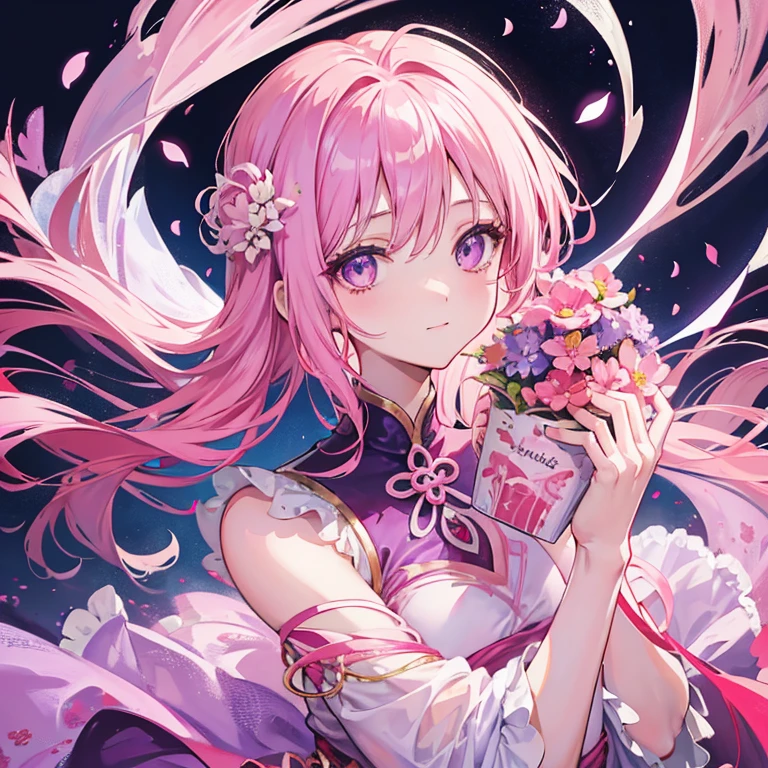 Anime girl with long pink hair holding a flower in her hand, Haruno Sakura, made with anime painter studio, pretty anime girl, (Anime Girl), In an anime style, Sakura Haruno, sakura petals around her, anime style portrait, soft anime illustration, painted in anime painter studio, marin kitagawa fanart, Anime Girl with Long Hair, Gapmoe Yandere,jewel-like purple eyes,long lashes,Lilac dress,chinese clothes,A slight smil