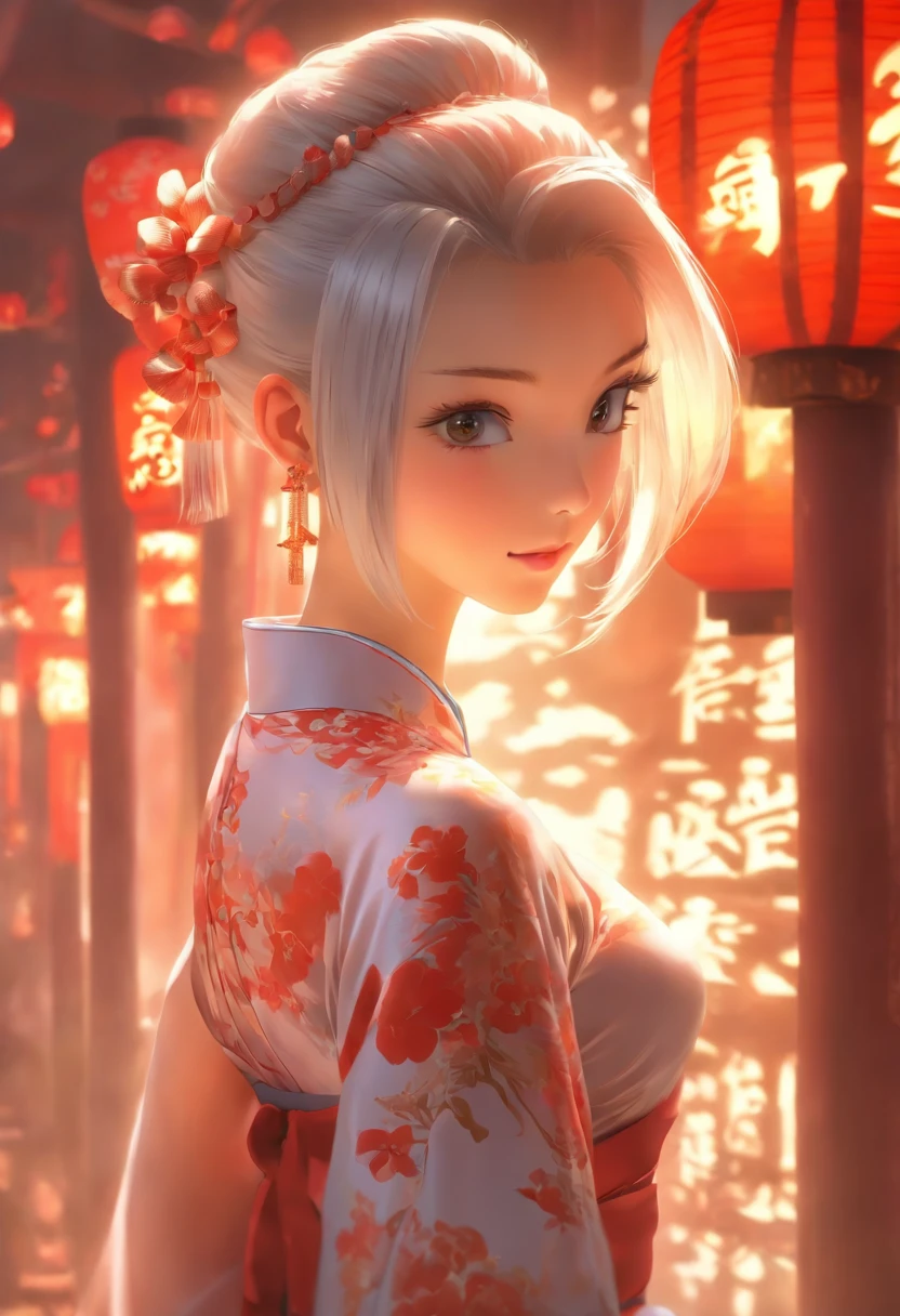 Girl in hollow cheongsam, silvery white hair:1.4, Single ponytail hairstyle, A sexy figure, Bare legs, Barefoot, Toes visible, (Best quality, 8K resolution, High-res, Masterpiece:1.2), palace background, the wallpaper, , Clear details, The defined row, Cinematic lighting, Professional photography, Professional lighting.