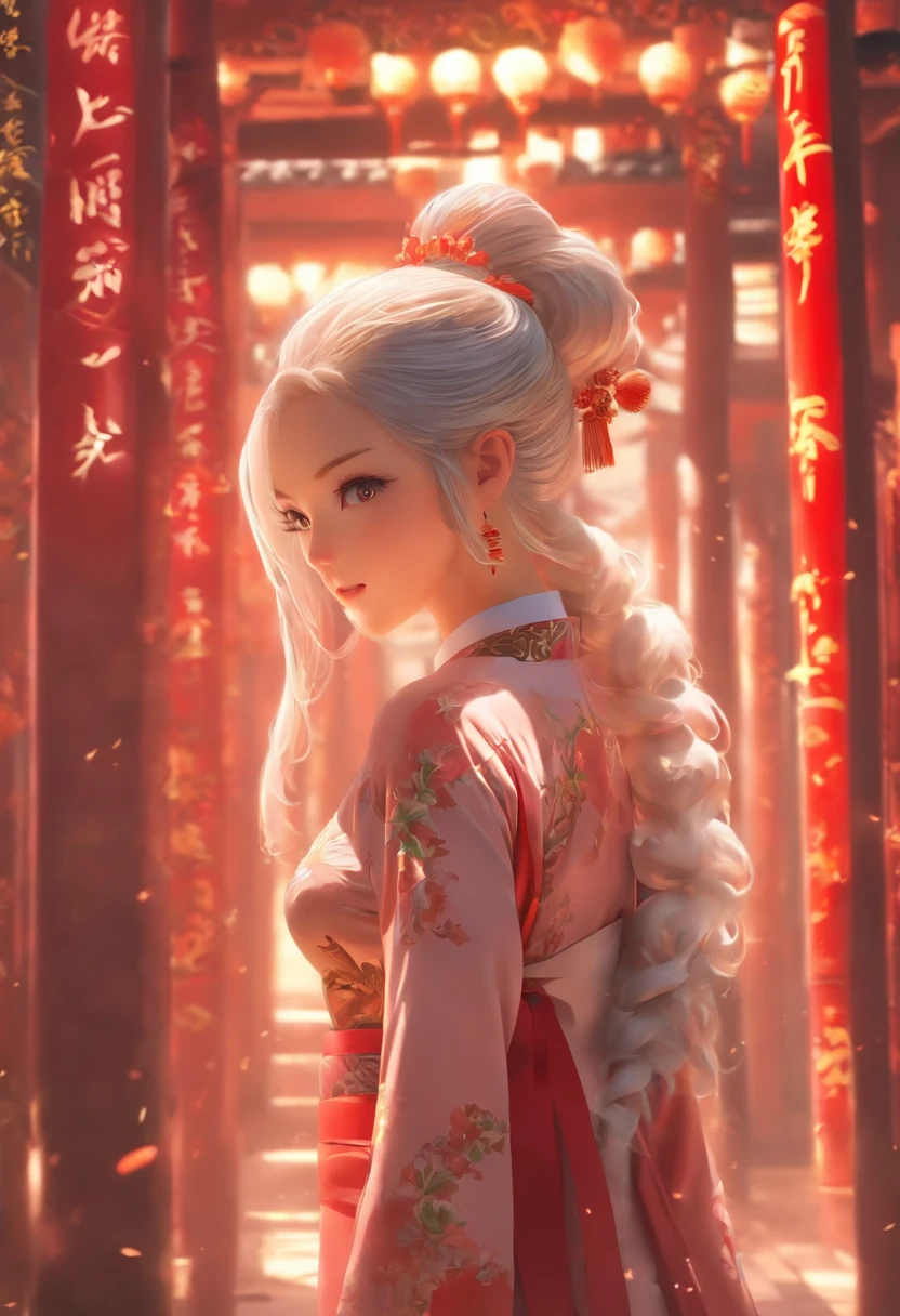 Girl in hollow cheongsam, silvery white hair:1.4, Single ponytail hairstyle, A sexy figure, Bare legs, Barefoot, Toes visible, (Best quality, 8K resolution, High-res, Masterpiece:1.2), palace background, the wallpaper, ,  Clear details, The defined row, Cinematic lighting, Professional photography, Professional lighting.