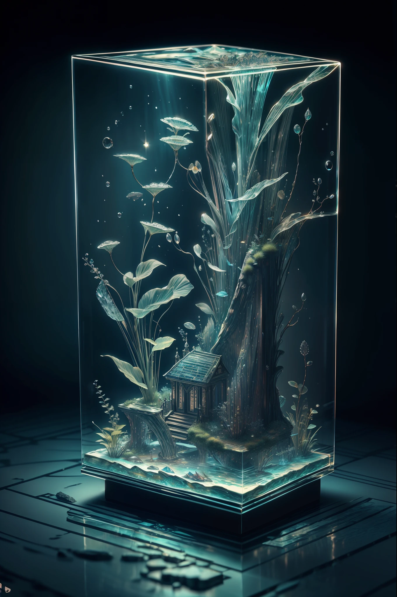 "High quality crystal carving with natural aquatic plants inside., goldfish, water, glistering, fantasy, incredible details, tmasterpiece, topquality, NFFSV, 4k, 8K,".