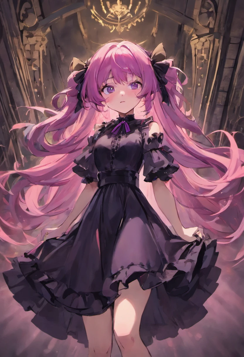Hanging tsundere woman with long purple hair and wearing a big black ribbon、Wearing a gothic black dress、bewitching、amorous、Adults、Parti