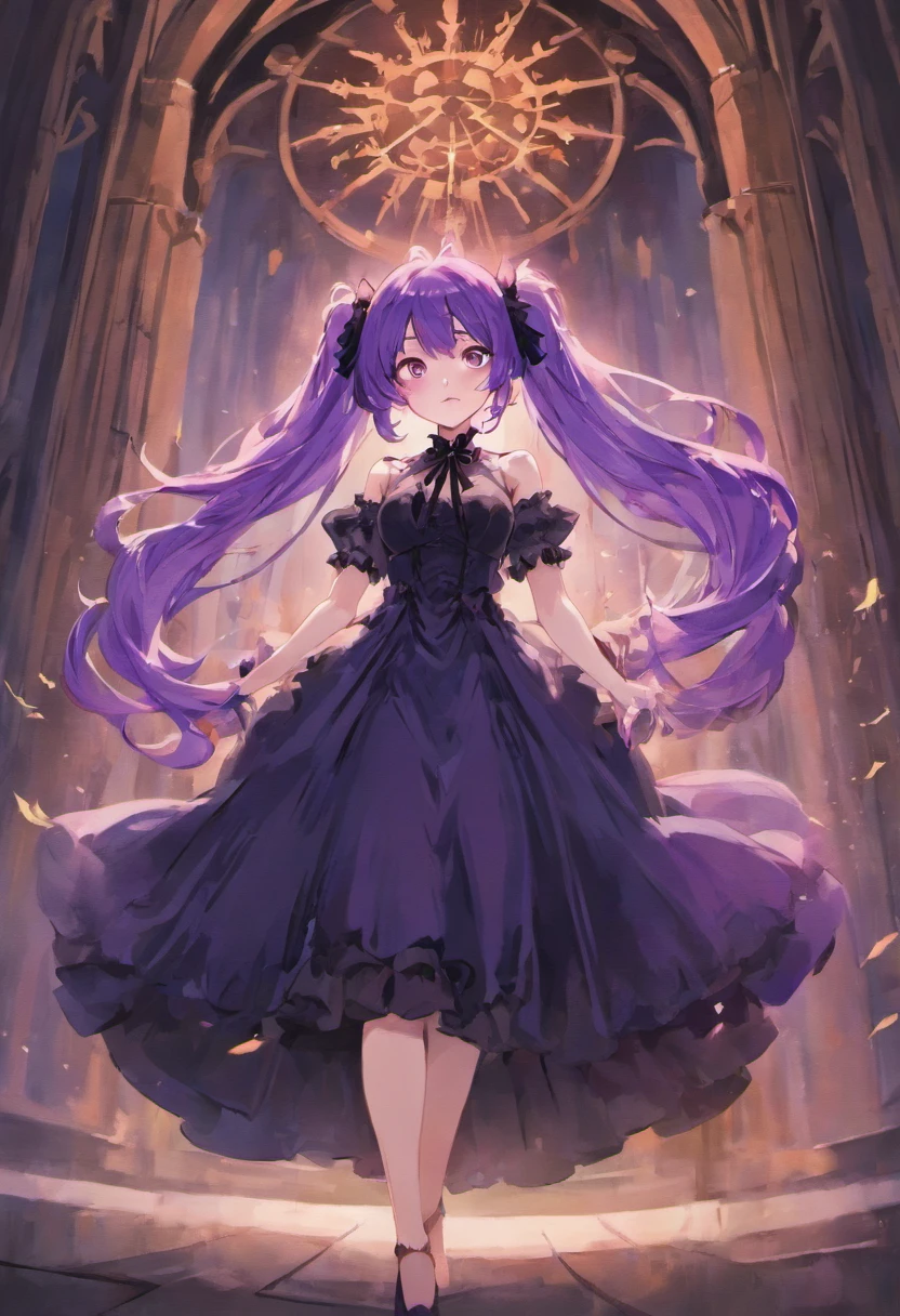 Hanging tsundere woman with long purple hair and wearing a big black ribbon、Wearing a gothic black dress、bewitching、amorous、Adults、Parti