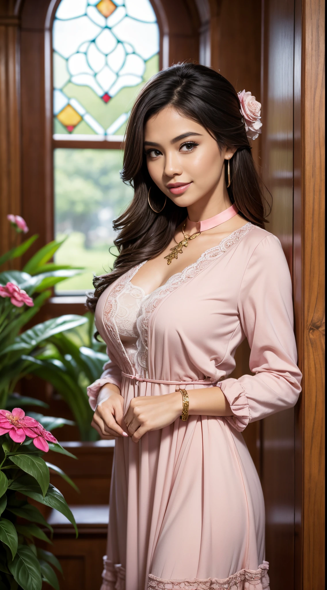 Beautiful malay kampong girl, 18 yo, ((wearing baju kebaya)), ((buttoned kebaya)), (medium boobs inside)), pretty sweet smile, modest, solo portrait, fluffy long hair, straight hair, perfect body, detailed dress, slim body, dslr, perfect lighting, soft lighting, cleavage, a little bit of highlighted hair, tight dress, perfect white teeth