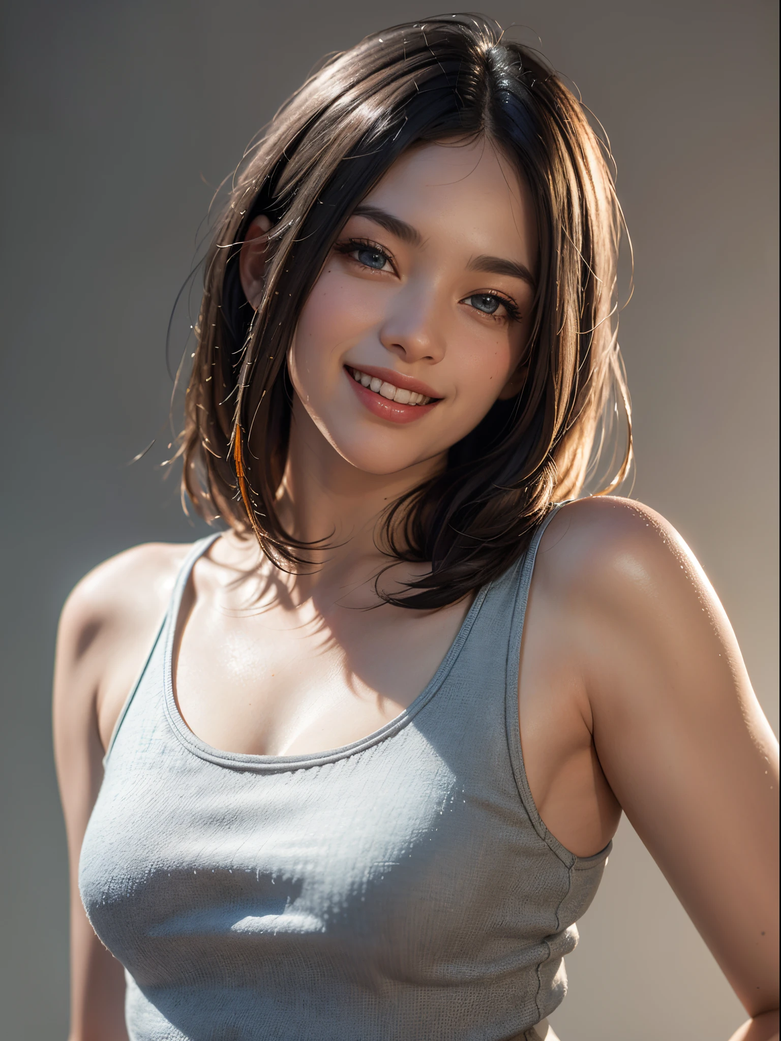 (8k, RAW photos, best quality, high resolution: 1.1), (ultra-realistic: 1.4), (realistic, photorealistic: 1.3), soft light, 17-year-old girl, realistic face, realistic body, realistic skin, , absurdity, masterpiece, (cute: 1.8), cuties, solo, (large: 1.2), detailed black eyes, innocent eyes, cheeks, (white bikini: 1.2), cracked abs, Cinema Light, Film Grain, Short Hair, ((Big: 1.1)), Cherry Colored Lips, Close-up, Look Viewer, Upper Body, Open Lips, Top Teeth, (Smiling Eyes: 0.6), (((grinning: 1.2)), Depth of Field, Blurred Background, Eye Focus, Bokeh, Summer, Sea, 85mm Lens, f/1.4, Professional Lighting, Young, Portrait, Photon Mapping, Radiocity, physically based rendering
