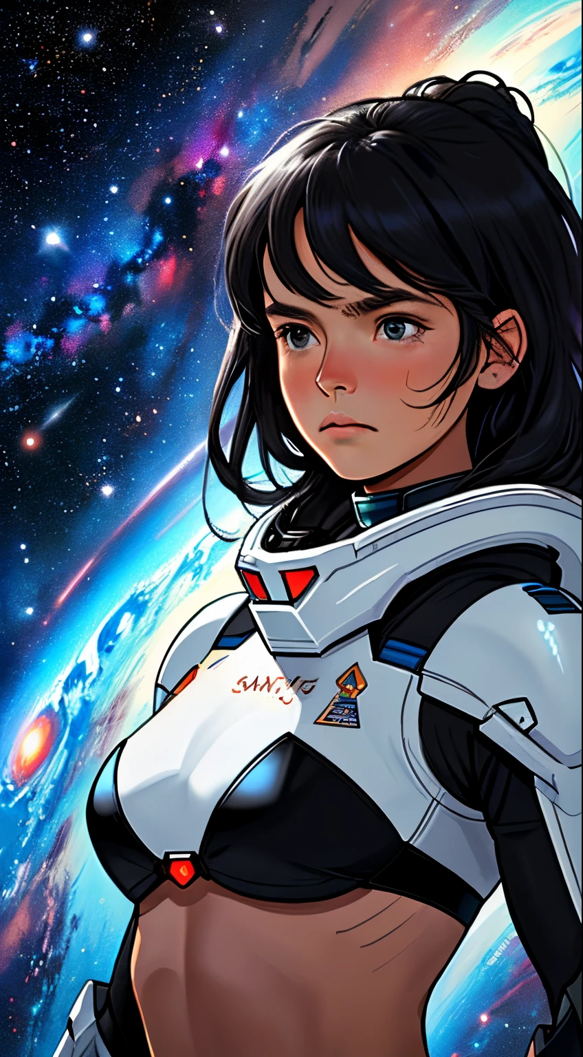 Space, endless and cold space, thousands of stars and galaxies, the Milky Way, stars, cosmic music, girl symbol of the planet Mars, queen of Mars super quality, super detail, Black bikini, Sad emotions,