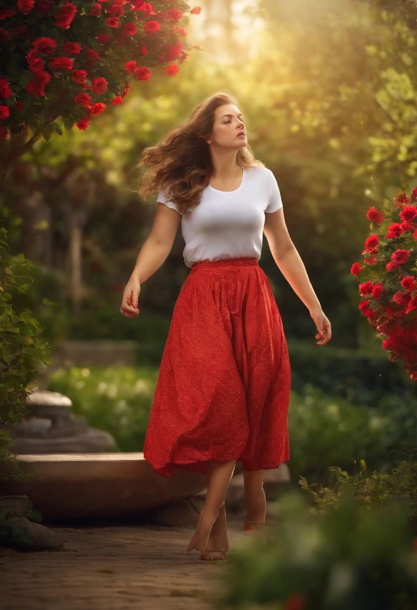 An terrified curvy polish ager, realistic, realistic clothes, long skirt, look of discomfort, she's shocked as she suddenly felt an tickling bug flew between her legs, fidgeting and writhing when standing on backyard, sometching is tickling on her crotch, squeezing her crotch with humiliation,