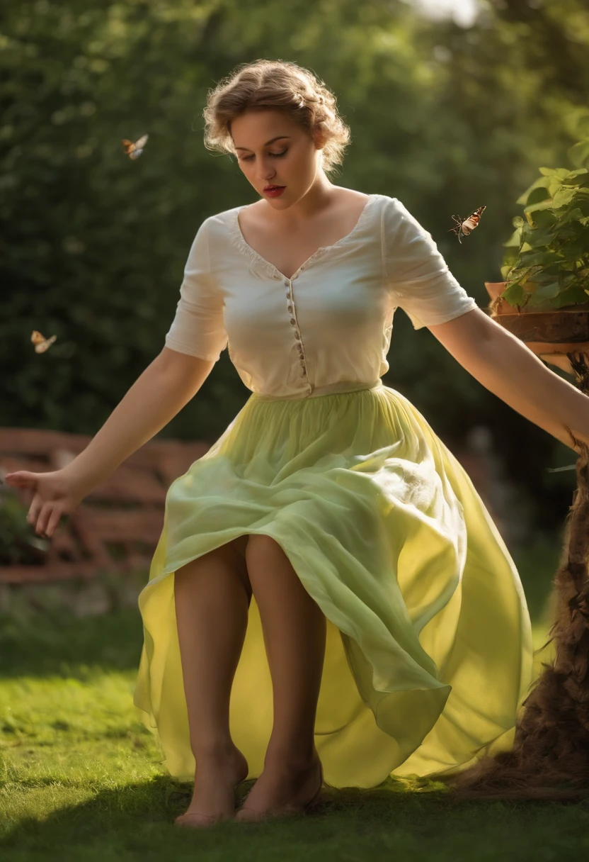 An terrified curvy polish teenager, realistic, realistic clothes, long skirt, look of discomfort, she's shocked as she suddenly felt an tickling bug flew between her legs, fidgeting and writhing when standing on backyard, sometching is tickling on her crotch, squeezing her crotch with humiliation,