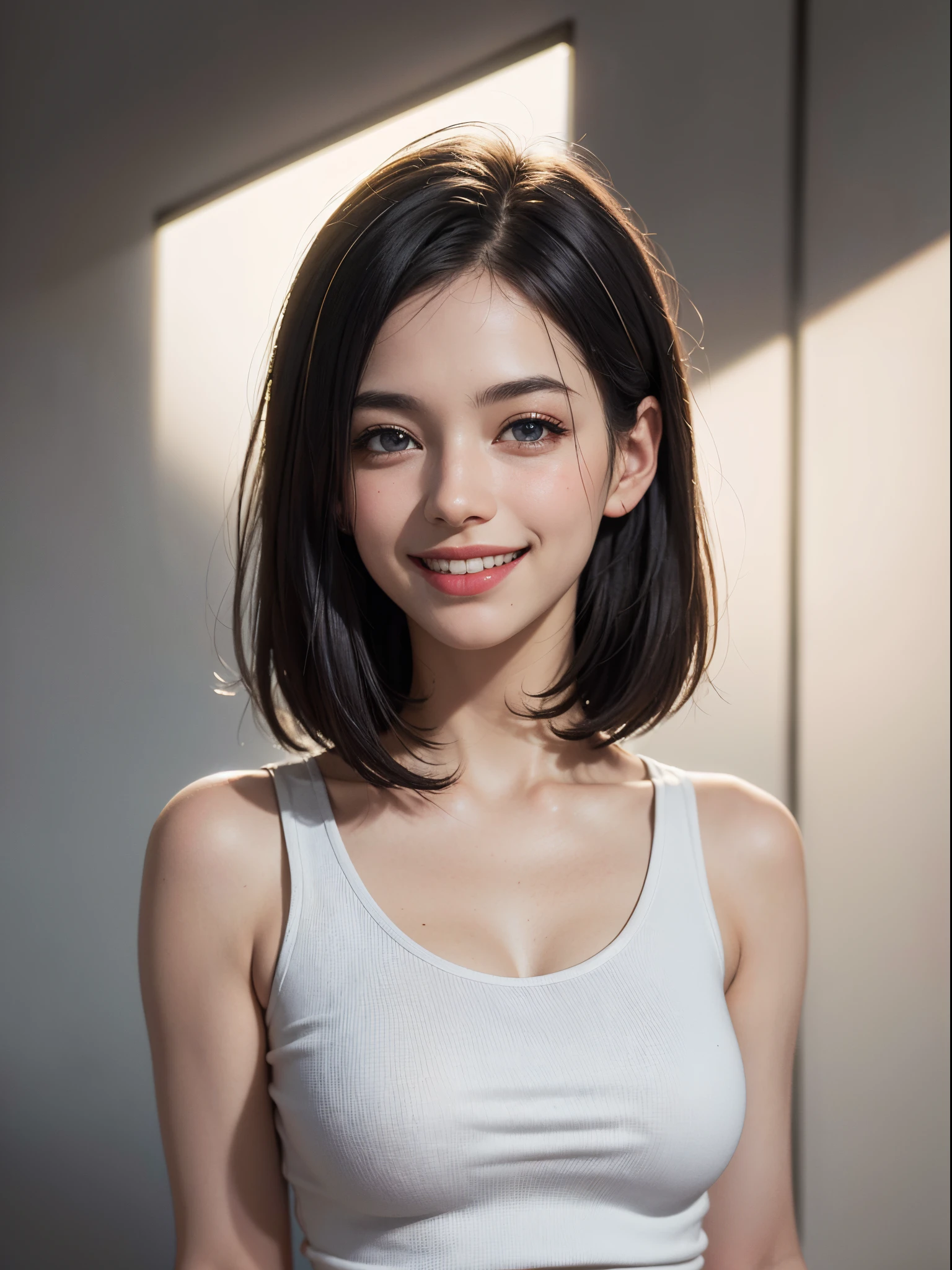 (best quality, 4k, 8k, high-res, masterpiece:1.2), ultra-detailed, (realistic, photorealistic, photo-realistic:1.37), (beautiful detailed eyes, beautiful detailed lips, extremely detailed eyes and face), studio lighting, physically-based rendering, vivid colors, (two-tone color, black & white), (tank top), (portrait, bob cut, shiny hair, shiny skin), (blurred background), (tilt your head to the side:1.5), (smile and laugh:1.37),