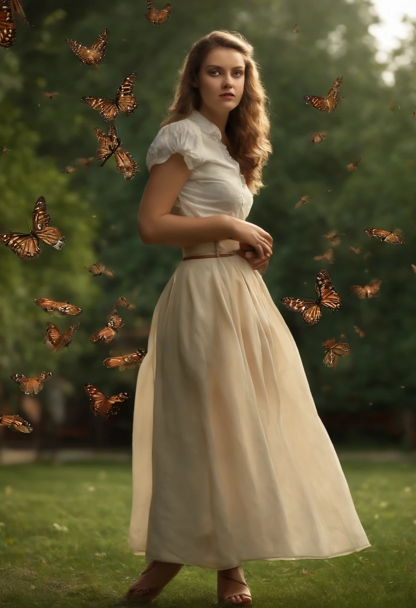 An terrified curvy polish teenager attacked by flying bugs, realistic, realistic clothes, long skirt, look of discomfort, she's shocked as she suddenly felt an tickling bug flew between her legs, fidgeting and writhing when standing on backyard, sometching is tickling on her crotch, squeezing her crotch with humiliation,