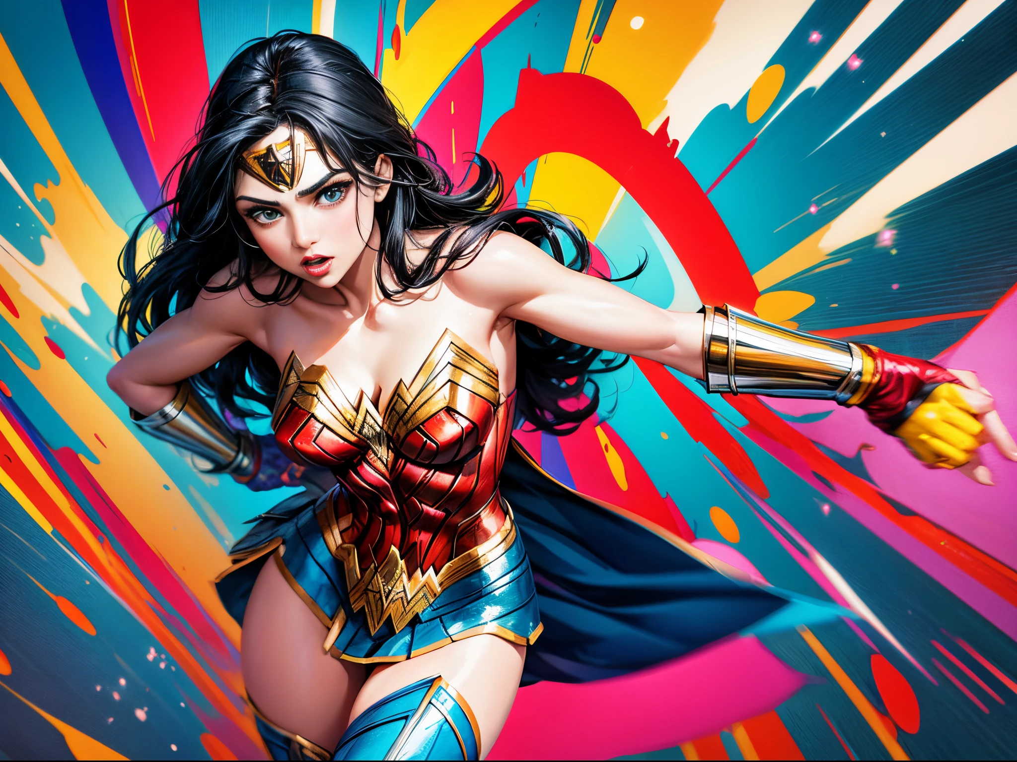 Transform Wonder Woman with enormous tits into a pop art icon, with bold, vibrant colors and dynamic shapes, creating a visually striking and energetic composition. (full body:1.5)