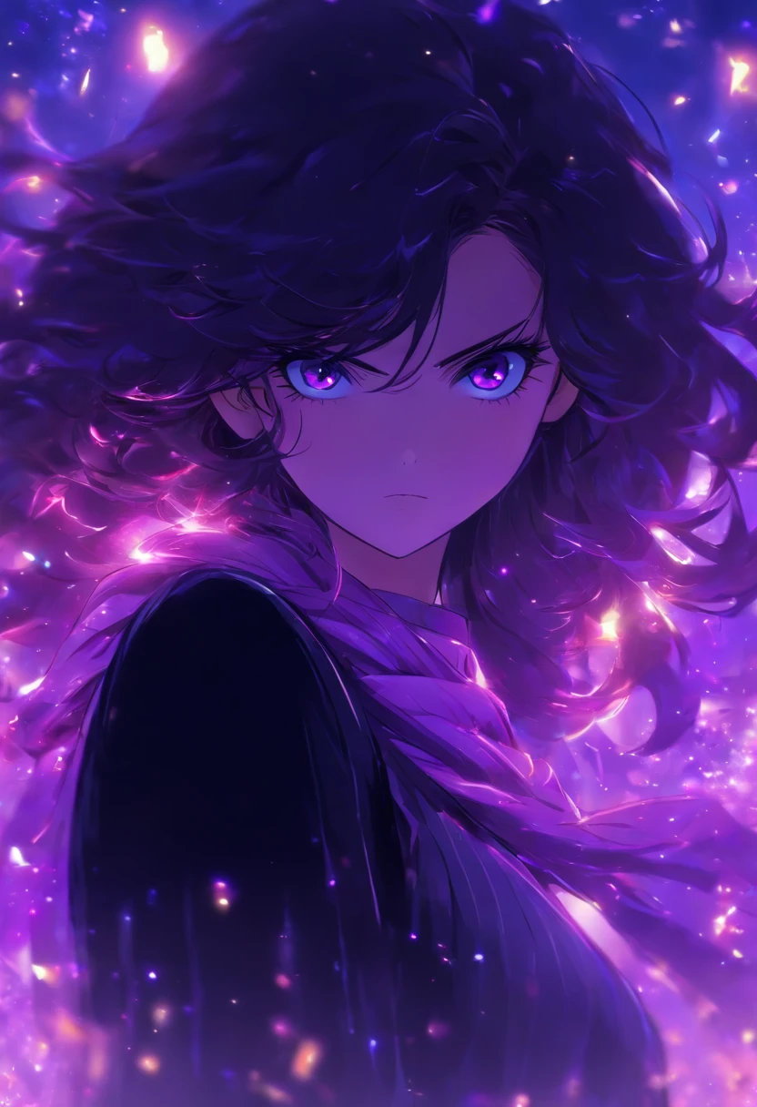 15 years old, 1 girl, black long hair, purple eyes, purple scarf, black sweater, black pants, magestic, purple particles, minimalist, cute girl, blush, standing, distracted face, breathtaking beauty of a nature background, ((no frowning)), beautiful hair,