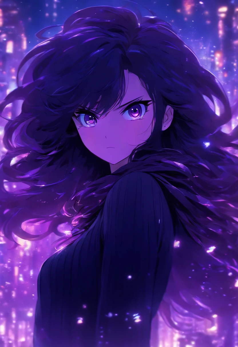 15 years old, 1 girl, black long hair, purple eyes, purple scarf, black sweater, black pants, magestic, purple particles, minimalist, cute girl, blush, standing, distracted face, breathtaking beauty of a nature background, ((no frowning)), beautiful hair,