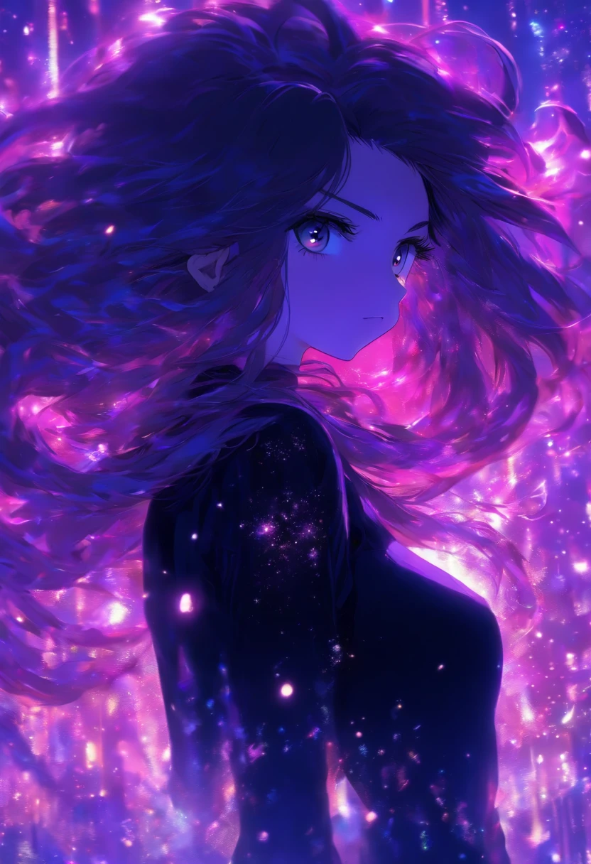 , 1 girl, black long hair, purple eyes, purple scarf, black sweater, black pants, magestic, purple particles, minimalist, cute girl, blush, standing, distracted face, breathtaking beauty of a nature background, ((no frowning)), beautiful hair,