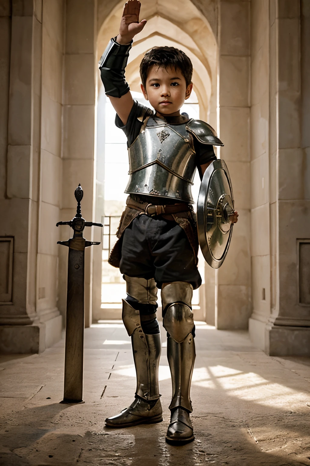 little boy with full armor dynasty hang,stand up,raise hand for his glory,his thosands of troops stood behind him,holding a sword and shield,to glory to the country,full body view