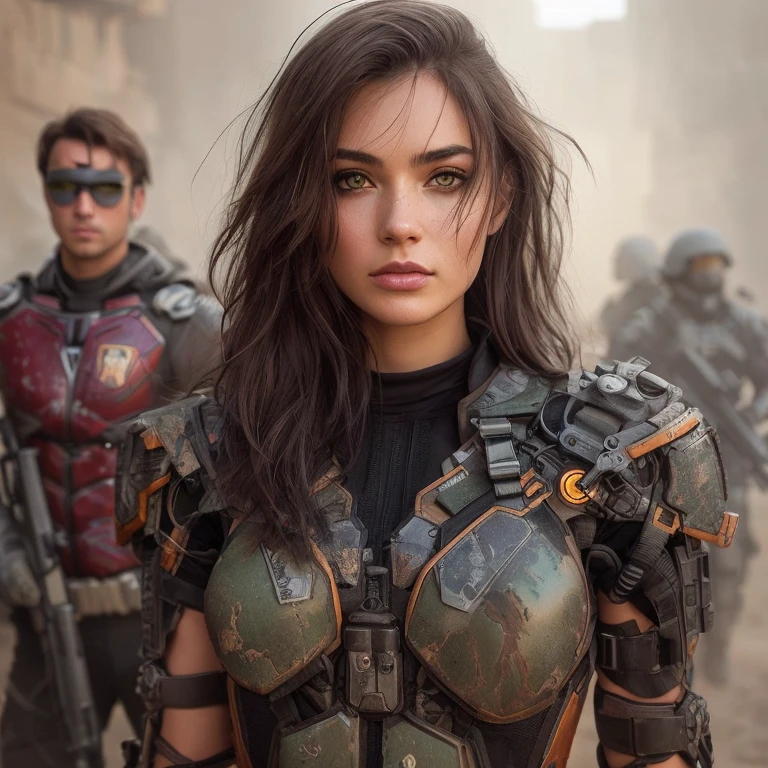 arafed woman in a futuristic suit with a gun and a man in a suit, wojtek fus, ross tran 8 k, alena aenami and artgerm, clothed in sci-fi military armor, artgerm and craig mullins, anton fadeev 8 k, craig mullins and artgerm, 8k artgerm bokeh