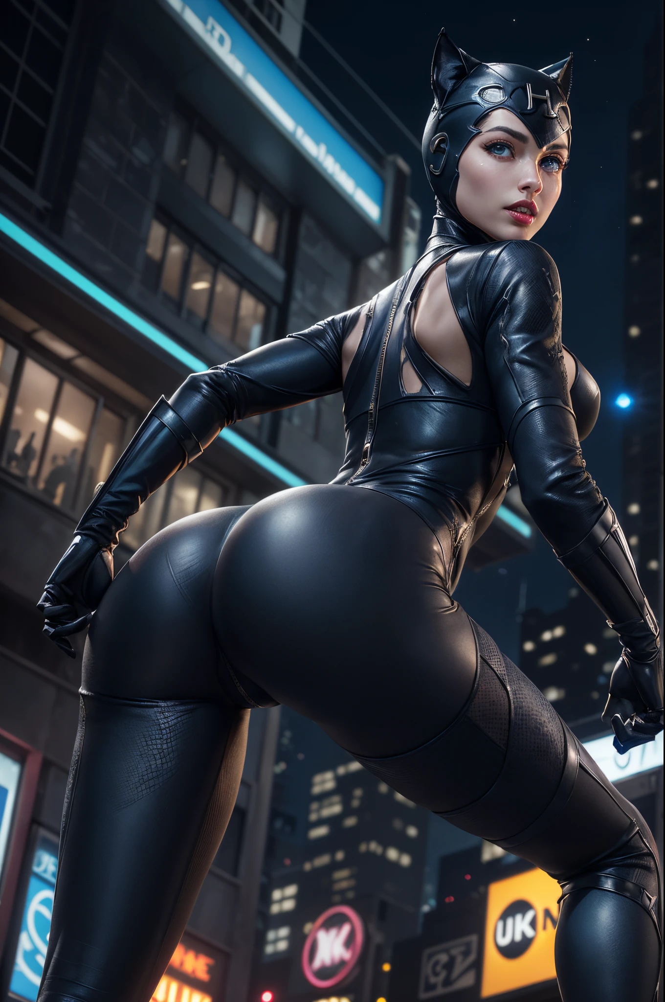 (​masterpiece、4K resolution、A hyper-realistic、ighly detailed、Turn your back), (Black Superheroes theme、Charisma、There is a girl in a Catwoman costume above the town、with his back turned。She's a superhero)、 [((25-years old)、(Long grey hair:1.2)、full body Esbian、(blue eyess:1.2))、((Sandy urban environment):0.8)|(A city scape、natta、Dinamic Light)]#illustrate:Prompts are mainly ultra high definition、very real、Describes highly detailed 4K paintings。A superheroine in a Catwoman costume is depicted at the top of the city。((Ultra-wide-angle lens shooting)), ((Shot looking up from below:1.3)), (((Neon light))), cleavage