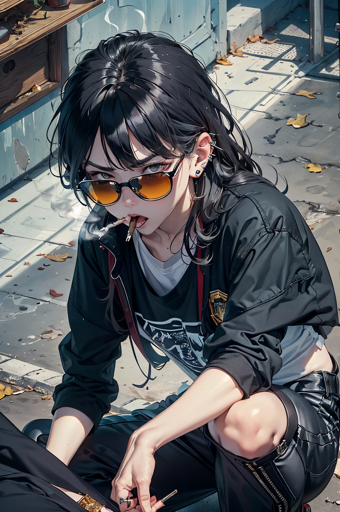 (​master piece:1.4),Hypal Quality, Hyper Detailed,One Boy、(((Knees wide open)))、(((Crouching)))、(((smoking tobacco)))、(Black hair)、bangss、(((Regent)))、(Elongated sunglasses)、(thick black pants:1.3)、Red T-shirt,black school uniform with open front,((Raised corners of the eyes))、(Outrage:1.2)、((Pull the chin))、(((squinted)))、(Kamimei:1.3),(glares:1.4),((half-opened mouth))、((Wrinkles between the eyebrows))、(numerous piercings in the ears)、Shot diagonally from above