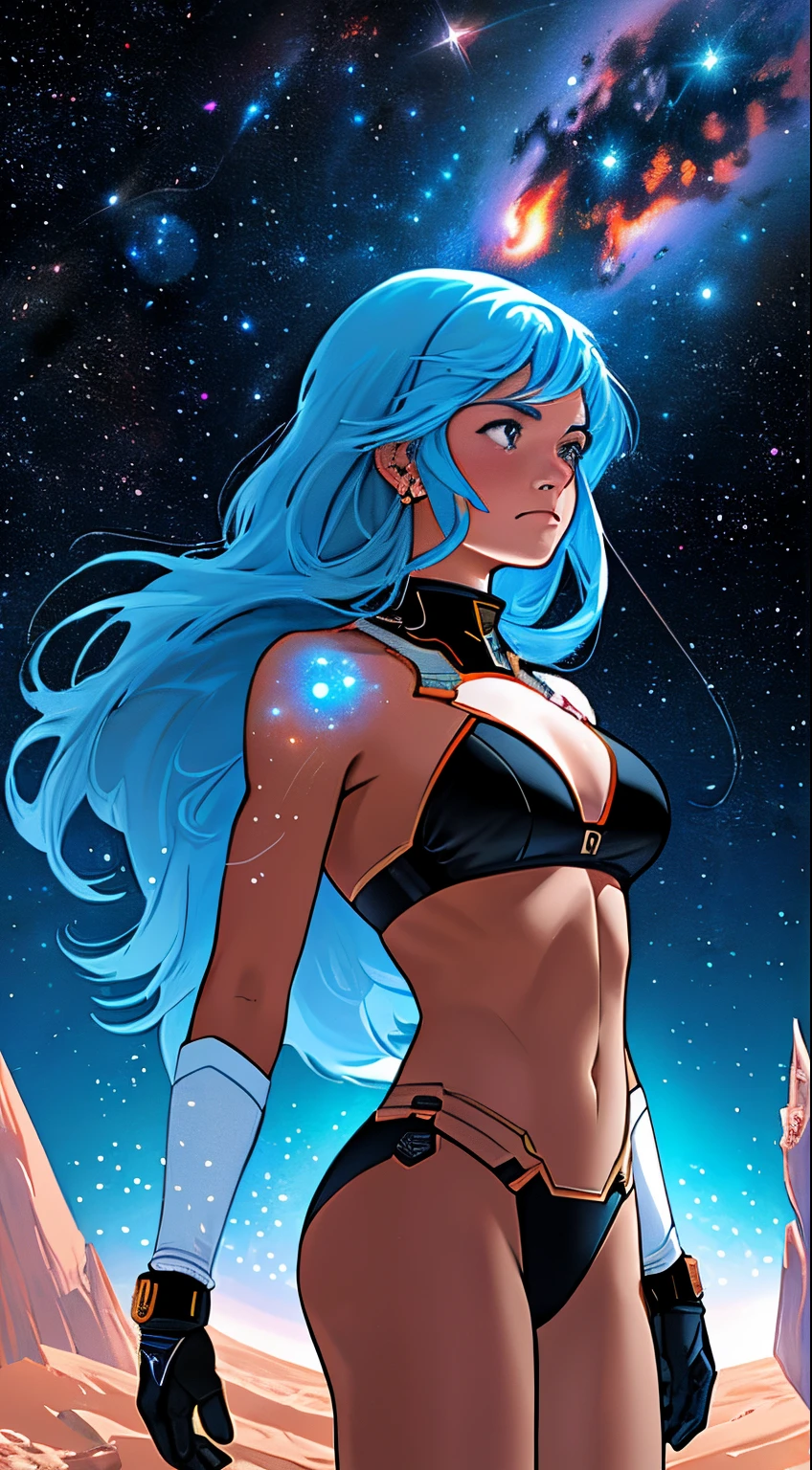 Space, endless and cold space, thousands of stars and galaxies, the Milky Way, stars, cosmic music, girl symbol of the planet Mars, queen of Mars, super quality, super detail, Black bikini, Sad emotions, 8k, hd,
