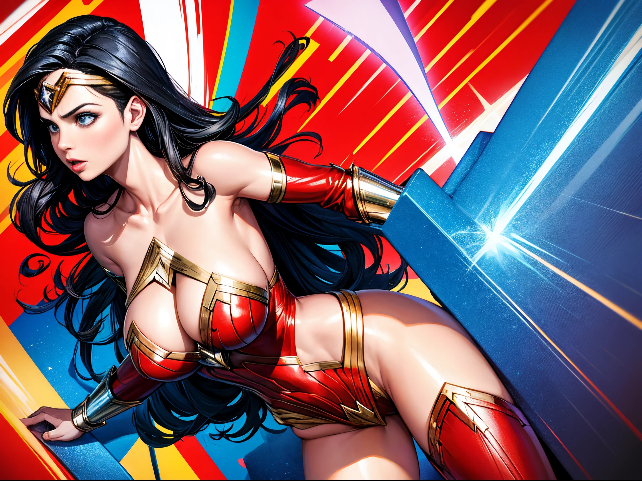 Transform Wonder Woman with enormous tits into a pop art icon, with bold, vibrant colors and dynamic shapes, creating a visually striking and energetic composition.