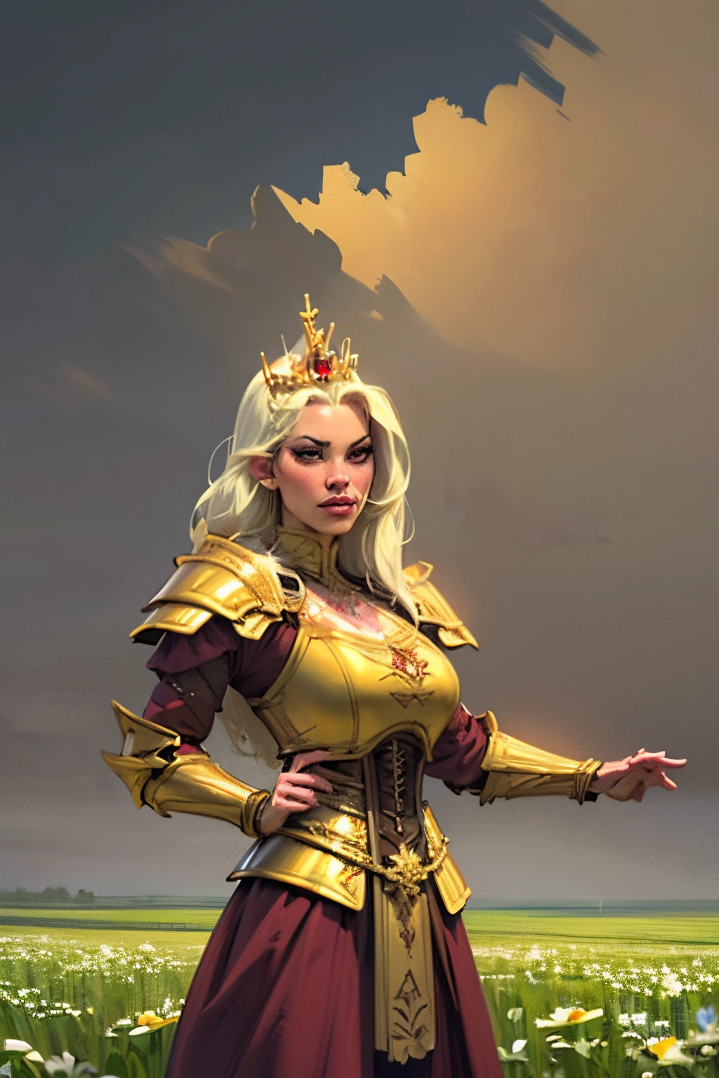 ((Dramatic pose:1.3)), turning around, radiant aura, (best quality,8k,ultra-detailed:1.2),(pale,glowing skin),(red eyes:1.1),(cinematic lighting:1.1),(dark,dim),(gold tiara armor:1.4)(long flowing white hair),(beautiful intricate face,detailed features),((dark red dress:silky)),(intense gaze),(golden shoulder armor:1.3), (gold corset armor:1.2), (viewing audience),(unbelievably detailed 8K CG wallpaper),(artistic cinematic lighting with neutral filter),((overcast clouds, fields background:1.4))