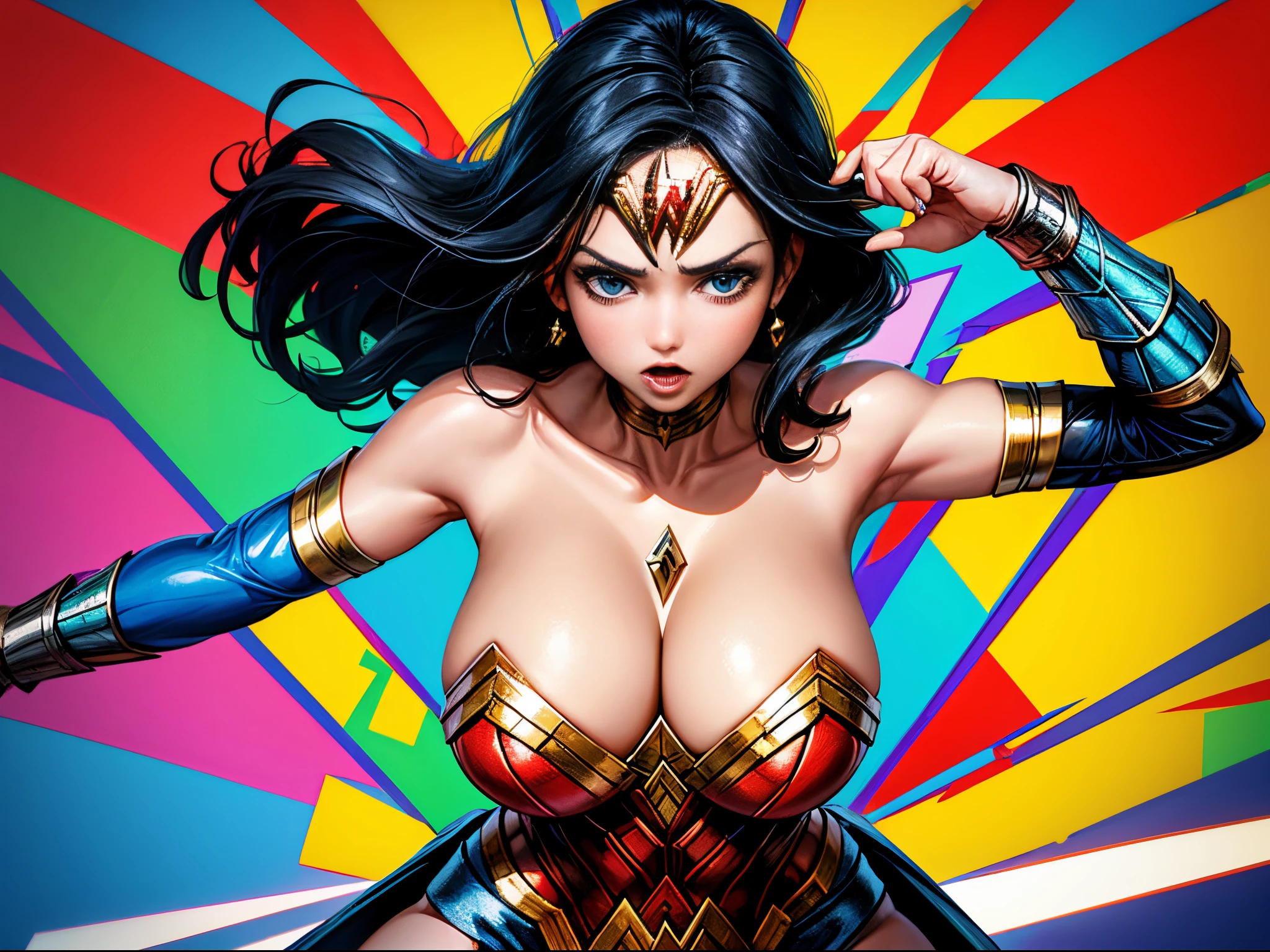 Transform Wonder Woman with enormous tits into a pop art icon, with bold, vibrant colors and dynamic shapes, creating a visually striking and energetic composition.