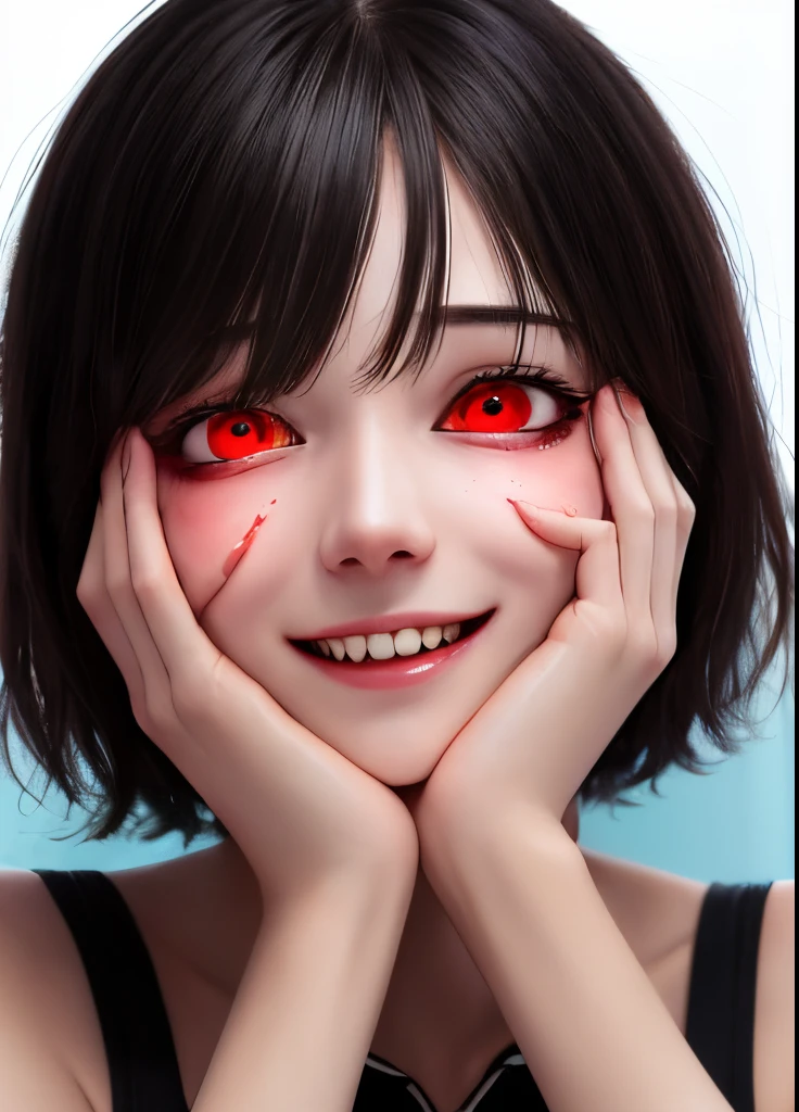 ((best quality)), ((highly detailed)), masterpiece, absurdres, detailed face, beautiful face, (1girl), yandere trance, yandere, hands on own face, hands on own cheeks, creepy, shaded face, messy bangs, short messy hair, black hair, glowing red eyes, fangs, smiling