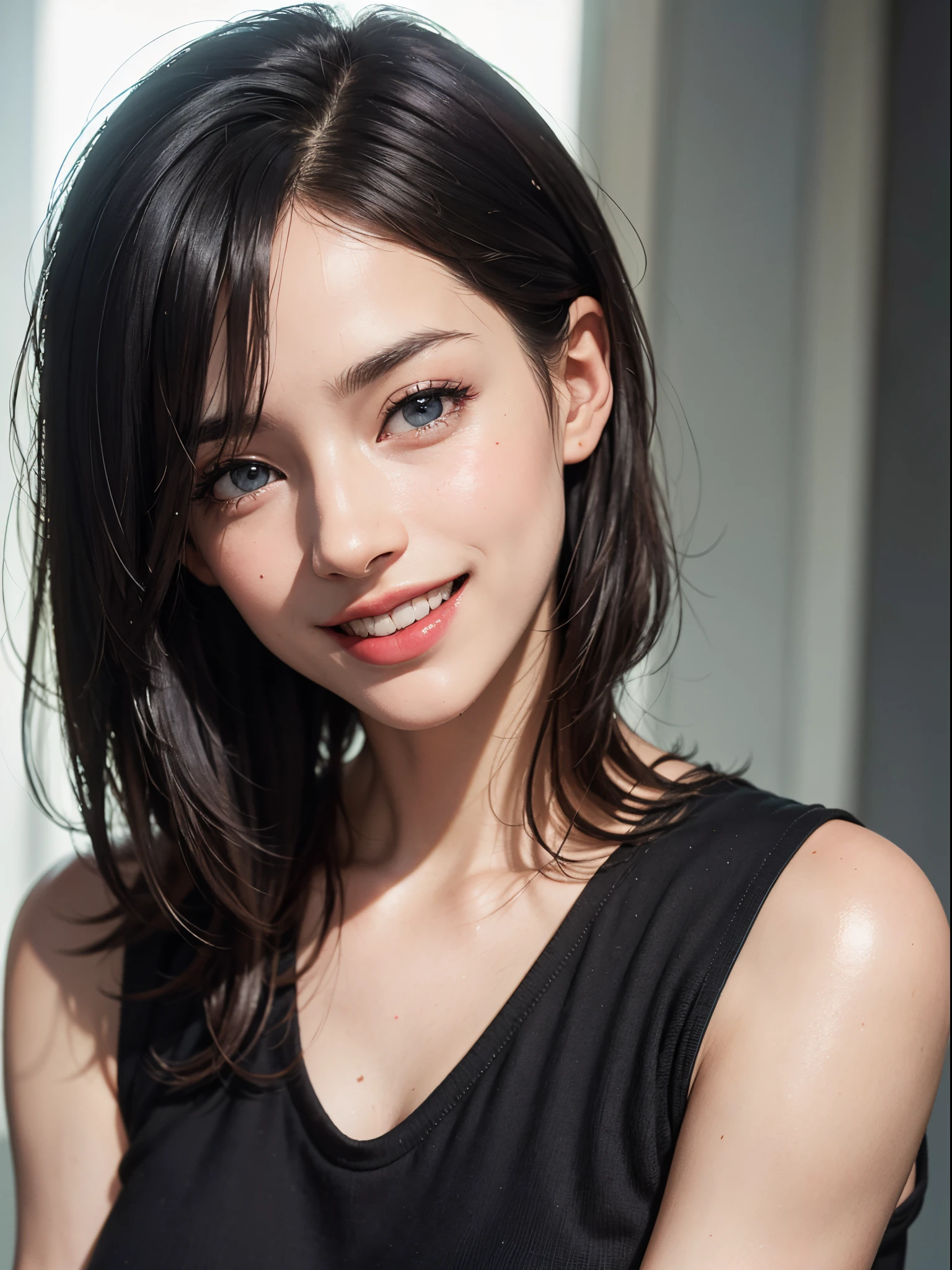 (best quality, 4k, 8k, high-res, masterpiece:1.2), ultra-detailed, (realistic, photorealistic, photo-realistic:1.37), (beautiful detailed eyes, beautiful detailed lips, extremely detailed eyes and face), studio lighting, physically-based rendering, vivid colors, (two-tone color, black & white), (tank top), (portrait, bob cut, shiny hair, shiny skin), (blurred background), (tilt your head to the side:1.5), (laugh:1.5),