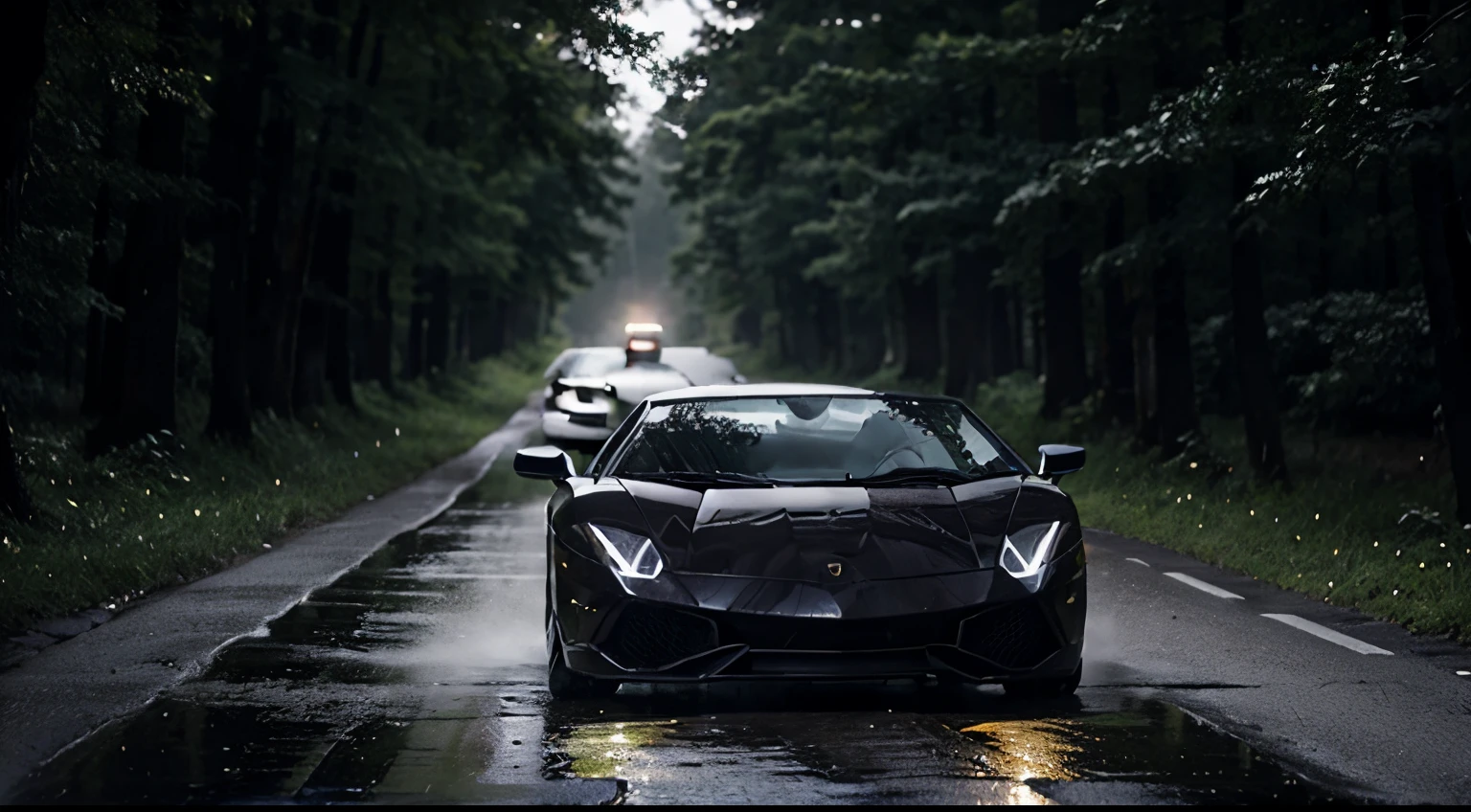 lamborghini gallardo riding on wet road in foggy dark forest