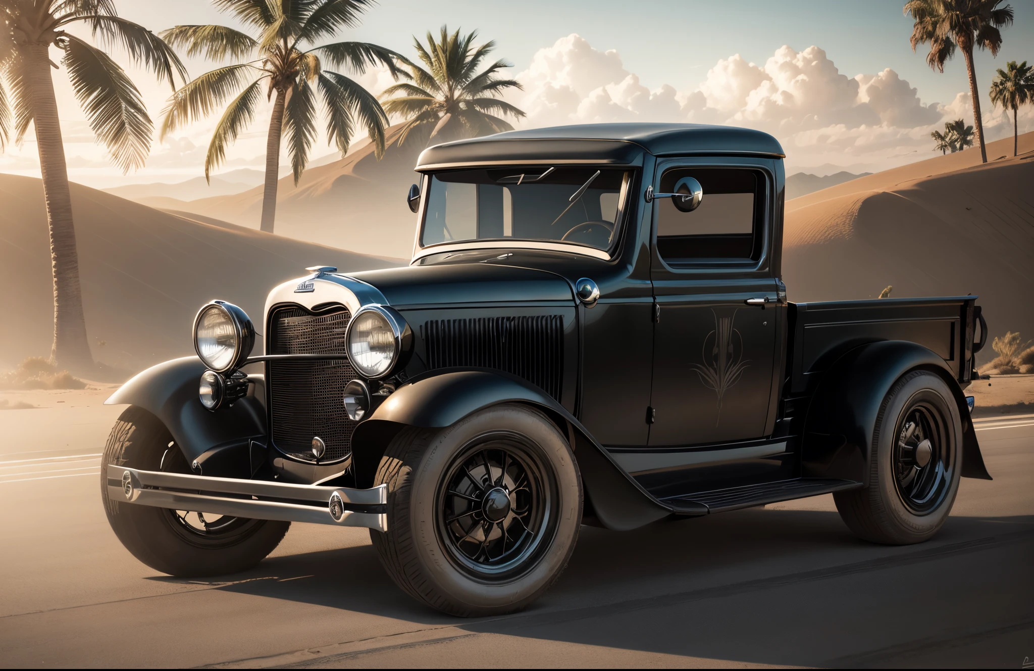 Imponente carro show Ford Pick Up preto 1932, enormes rodas BBS, Ridiculously low posture parked near palm trees and beautiful mansions in sunny California