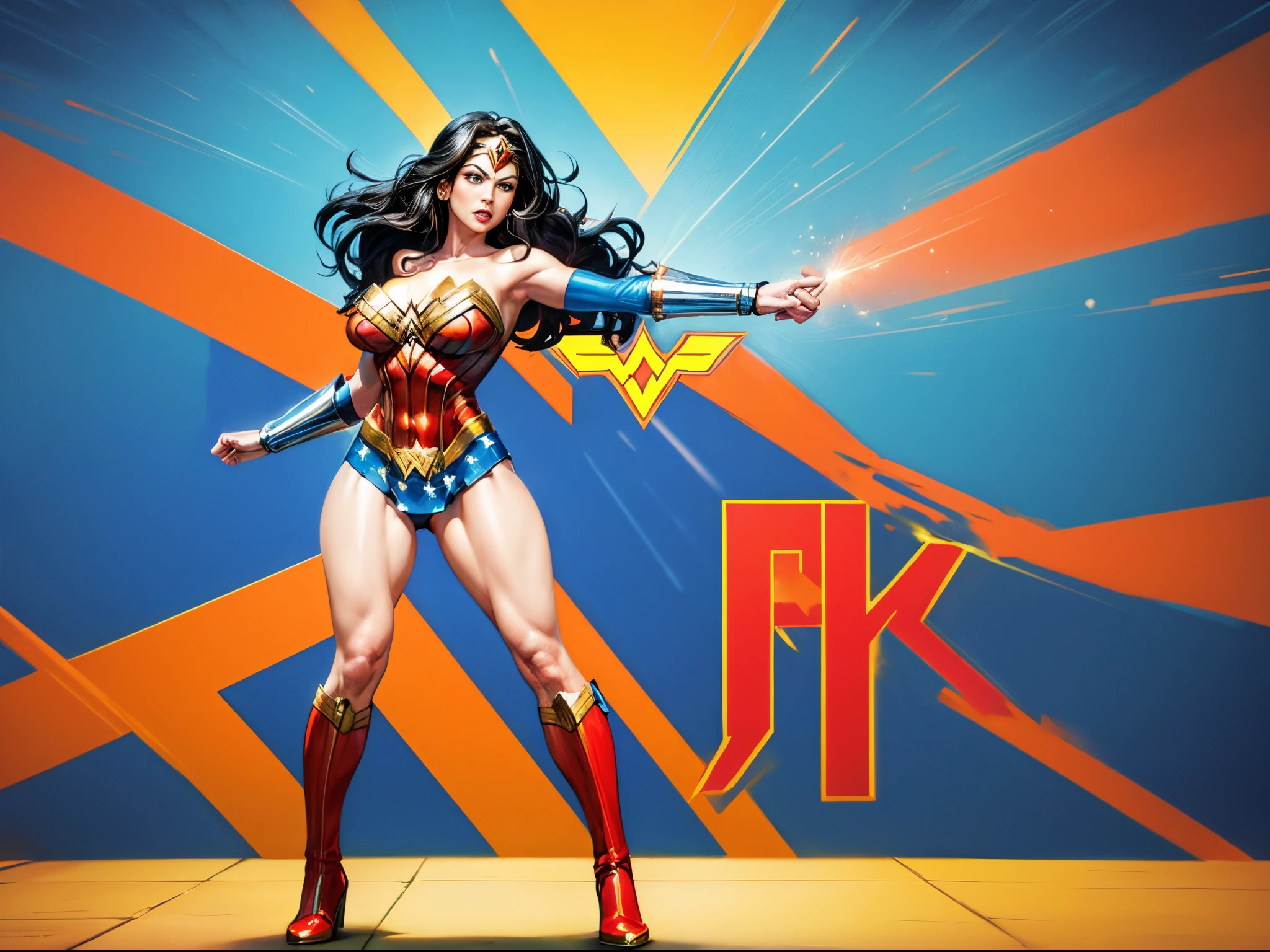 Transform Wonder Woman with enormous tits into a pop art icon, with bold, vibrant colors and dynamic shapes, creating a visually striking and energetic composition. (full body:1.5)