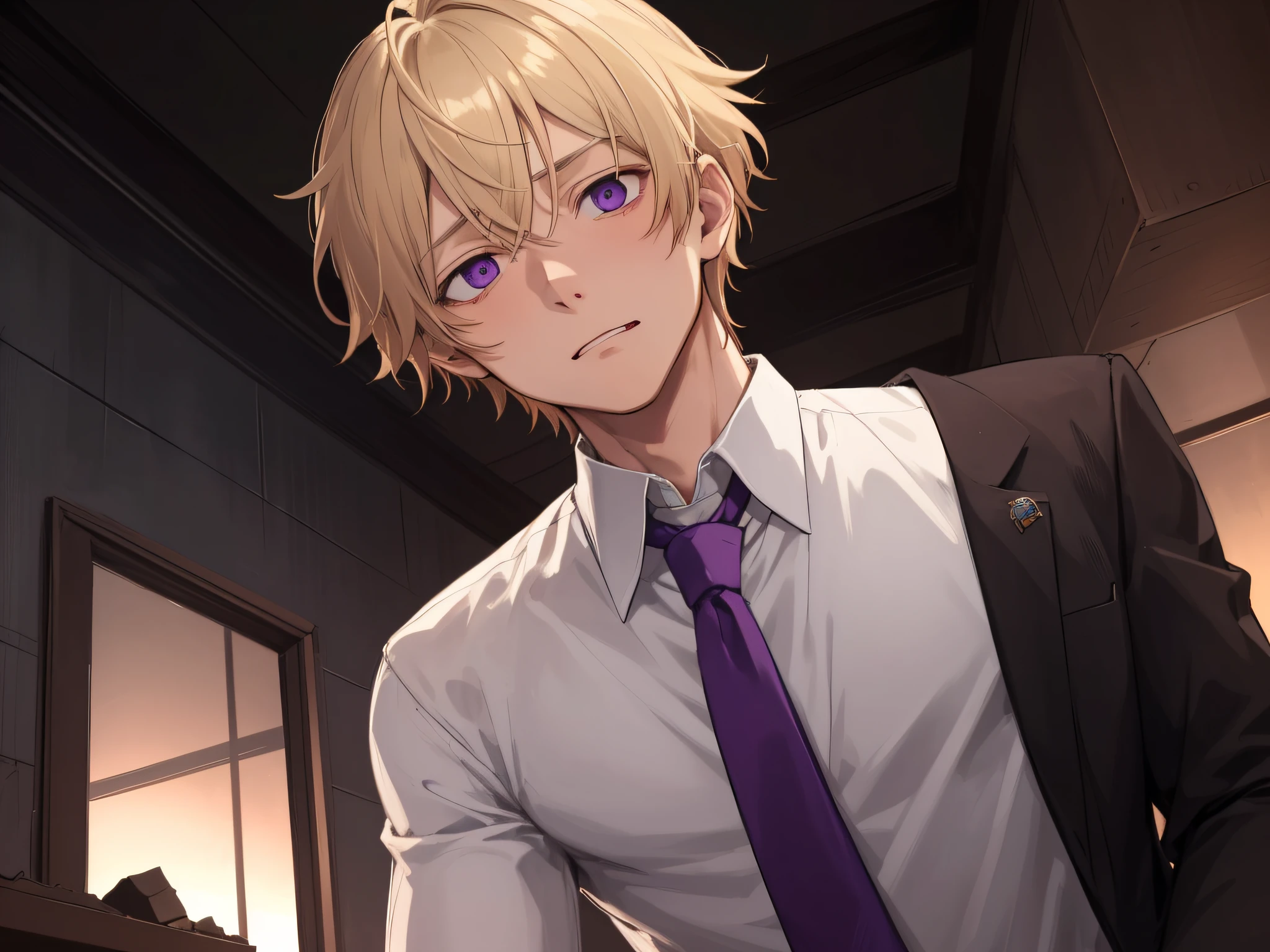 23 year old male,1 boy、a blond、tie and shirt,Eyes are purple、Depression,skin tone brown color,From below,Angle from below,Sad,a scared look,Dimly lit ruins in the background,up on the face