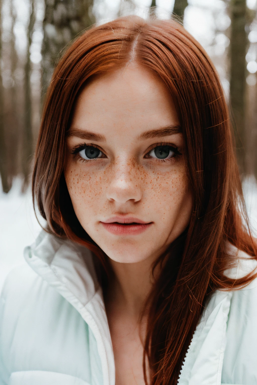 Woman in a winter forest, celtic european beauty, Long and red hair,  red hair, full body shot, winter jacket, ginger, freckles, smooth skin, white skin, (full naked body), (perfect body),(perfect small breasts), ((full naked)), (expressive face:1.4), (sexy pose:1.2), portrait, Looking at camera, (Highest quality), sony A7sIII, film stock,  photograph , kodak 400 camera f1.6 lens, cinestill 800, (Lente de 28 mm), third rule, rich colors , lifelike, texture, natural lighting, ((wide shot))
