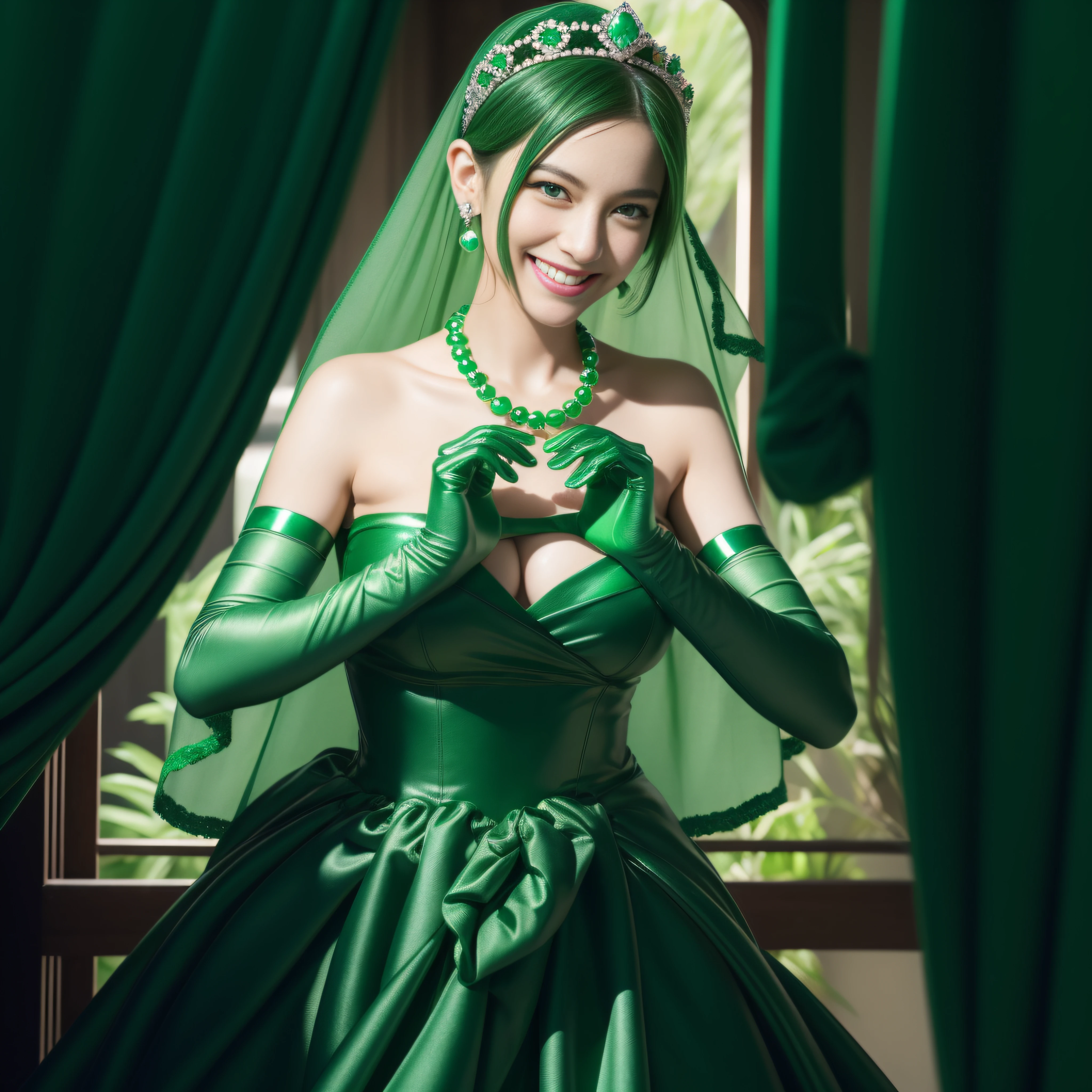 emerald tiara, Green Pearl Necklace, Boyish very short green hair, lipsticks, Japan woman smiling, very short short hair,  big breasts beautiful, Green eyes, Long green gloves made of satin material, Green eyes, Emerald Earrings, green vale, Heart with both hands