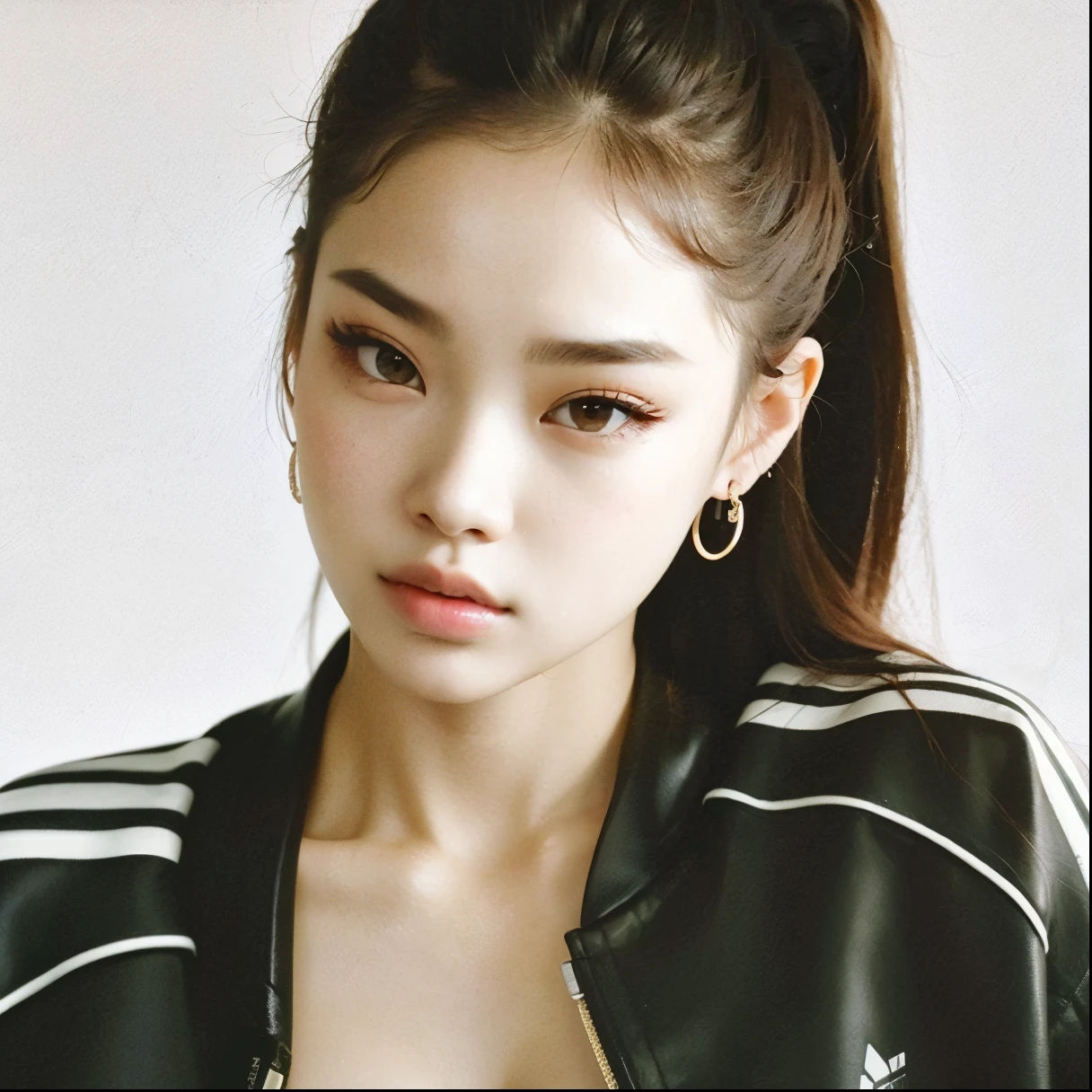 imagem arafada de uma mulher com rabo de cavalo e jaqueta, jennie blackpink, Jinyoung Canela, jossi do blackpink, com rosto redondo, Parque Ji-min, Retrato de Jossi de Blackpink, Gongbi, menina coreana, TaeJune Kim, Heonhwa Choe, Parque Roseanne do Blackpink, Jaeyeon Nam, Jovem Anjo Wan, wan adorable korean face