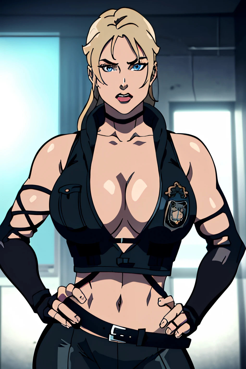 8k, best quality, intricate details, ultra-detailed, ultra highres, depth field, ,masterpiece  ((sonyablade)), european woman, cleavage, nose bleed, wearing a jacket, fingerless gloves, hand on hips, ((huge breasts: 1.4)),crop top, highly detailed eyes, blue eyes, blonde hair, blue eyes, sleeveless, solo, warehouse,((upper body: 1.3)), leather pants, best quality, (intricate details:1.2), (delicate detailed), (cinematic light), clear line, sharp focus, detailed face unity 8k wallpaper, ultra high res, looking at viewer,