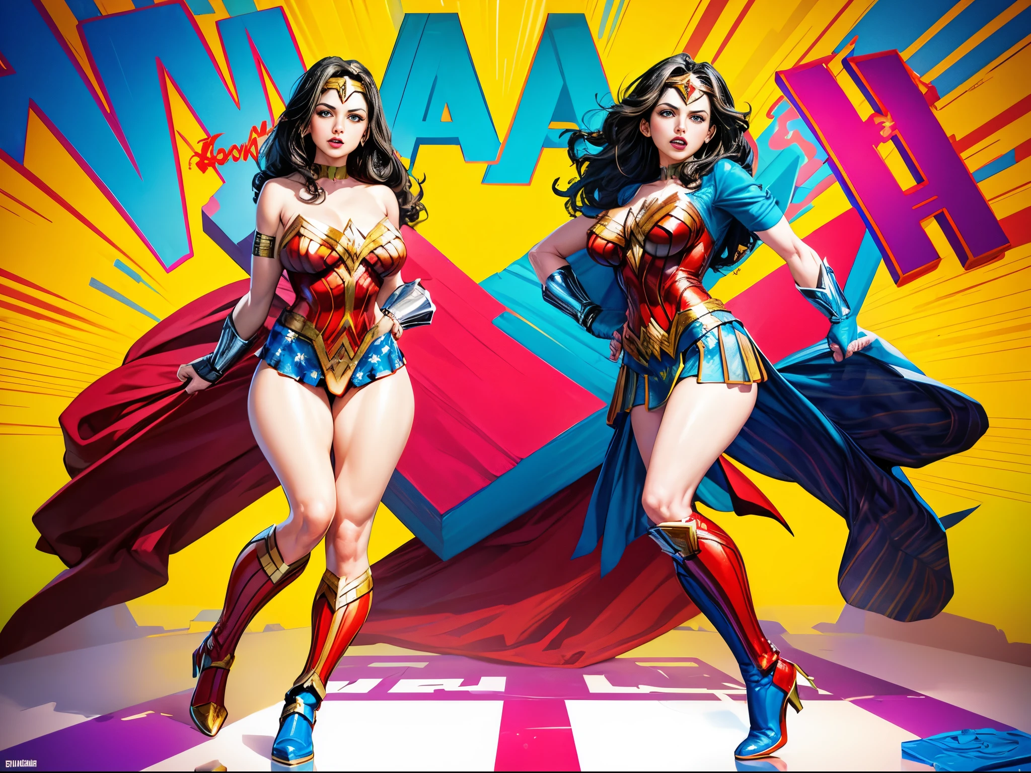 Transform Wonder Woman with enormous tits into a pop art icon, with bold, vibrant colors and dynamic shapes, creating a visually striking and energetic composition. (full body:1.5)