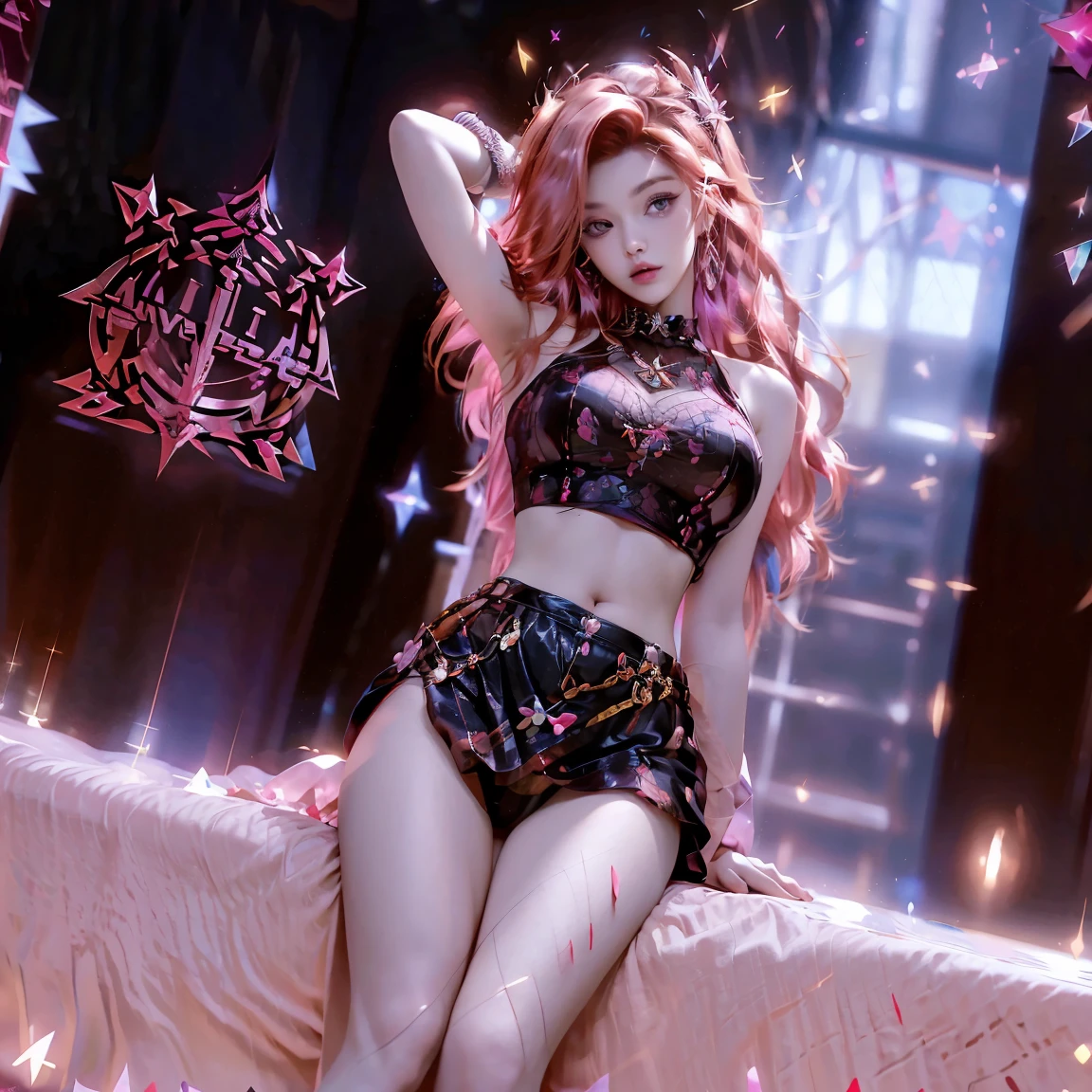There is a woman sitting on a bed wearing a pink floral lingerie, red-haired girl, beautiful red-haired woman, red-haired woman, young red-haired girl, short bright red hair, red hair and attractive features, Anna Nikonova aka Newmilky, red-haired girl, redhead, beautiful woman, posing in bed, red head, with short red hair, posing in a room, perfect busty body, perfect arms, perfect legs, perfect face, seductive and attractive eyes, masterpiece