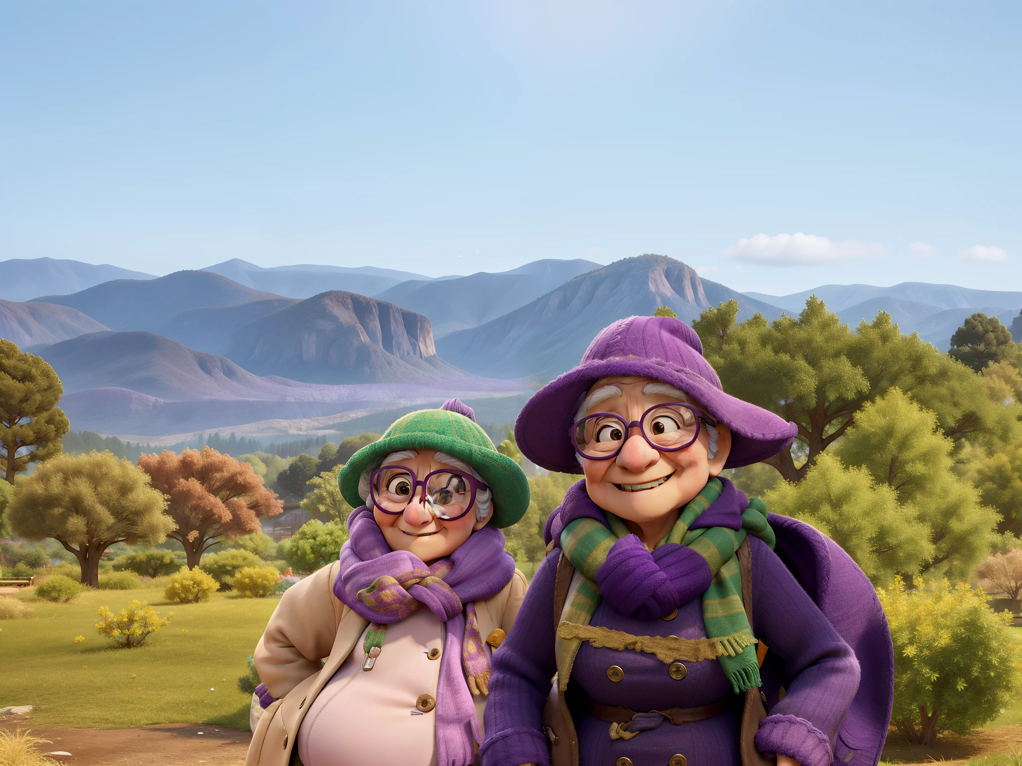masterpiece, best quality, an old woman with glasses and a scarf on, wearing a purple coat and green scarf, standing at the park