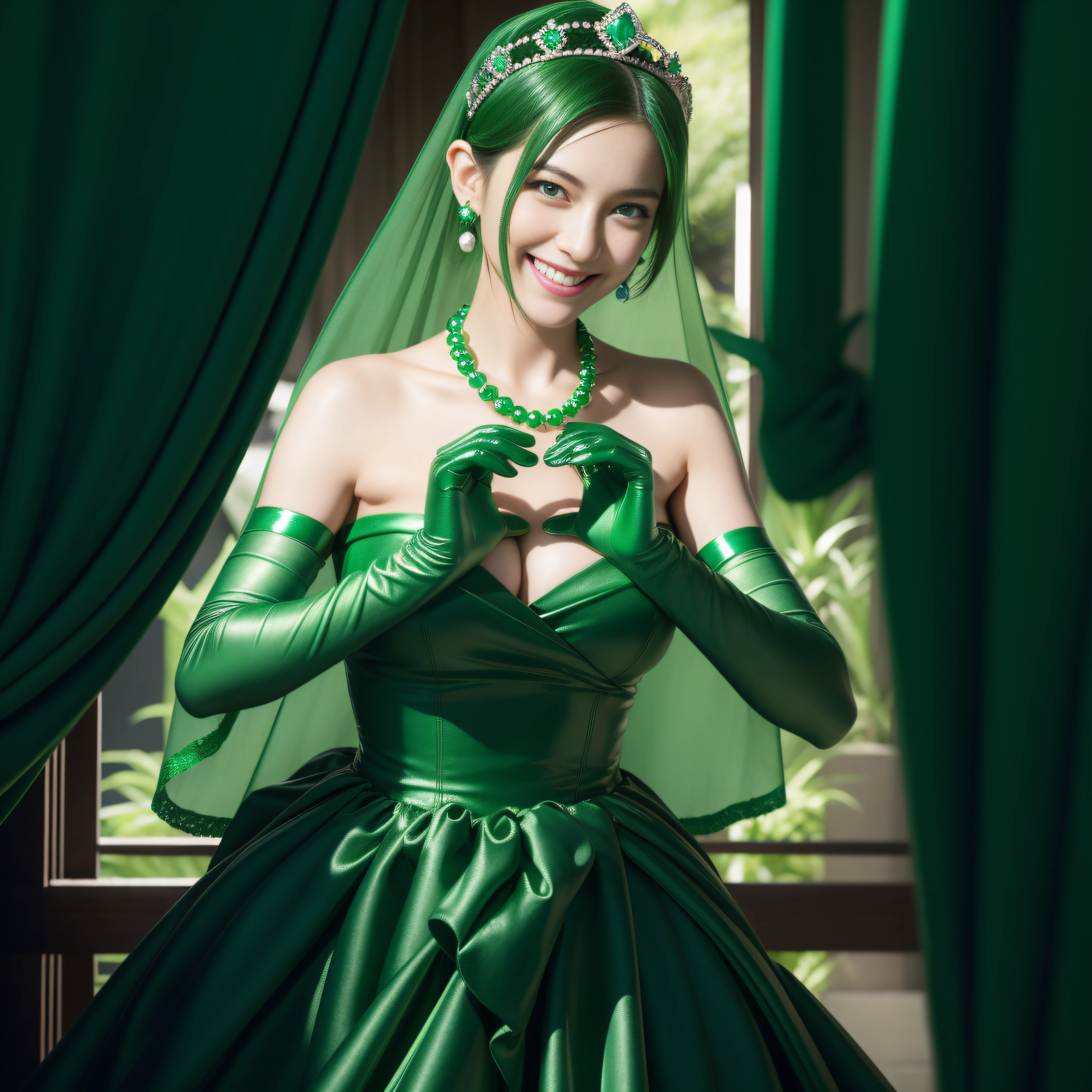 emerald tiara, Green Pearl Necklace, Boyish very short green hair, lipsticks, Japan woman smiling, very short short hair,  big breasts beautiful, Green eyes, Long green gloves made of satin material, Green eyes, Emerald Earrings, green vale, Heart with both hands