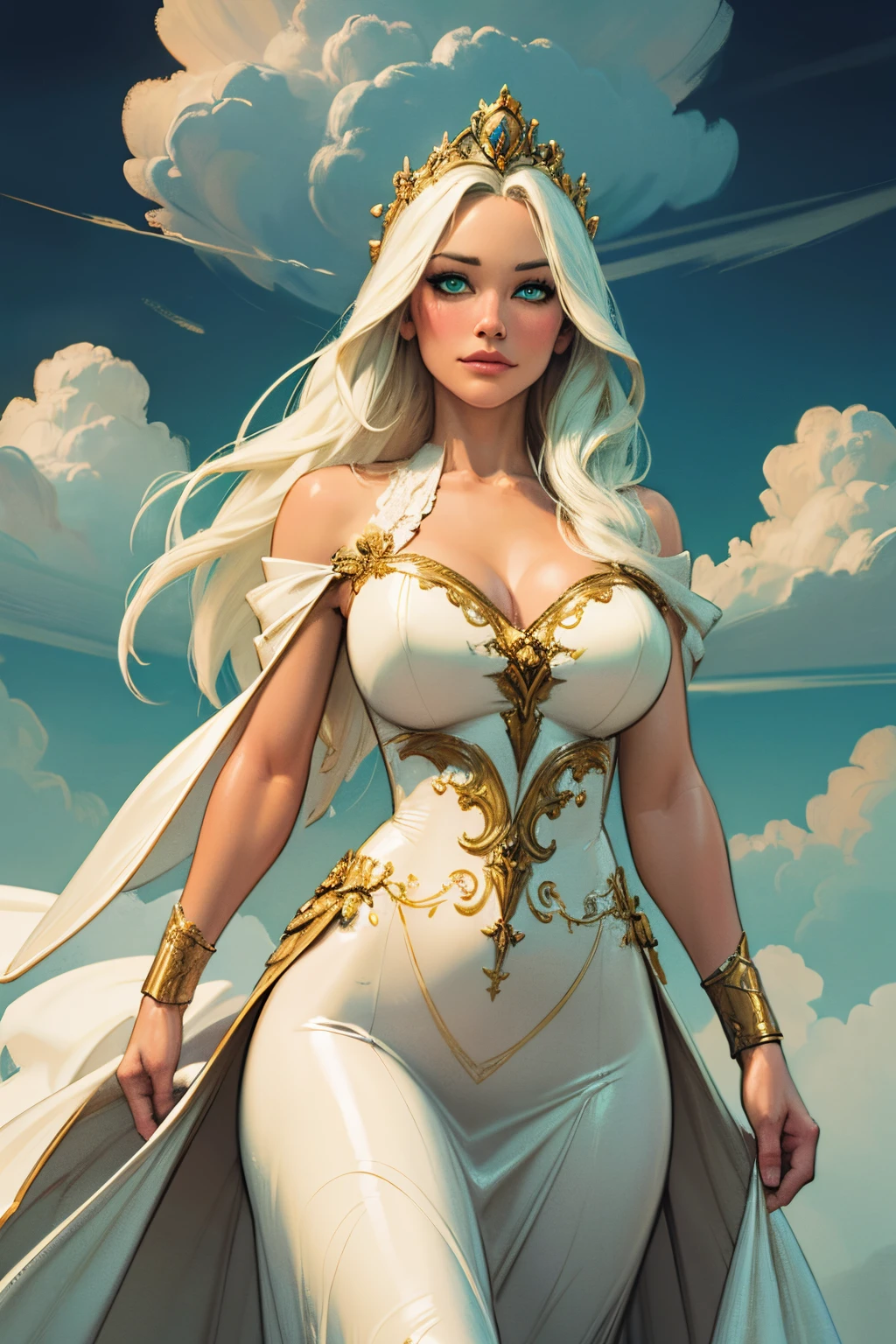 High quality, highly detailed CG unity 8k wallpaper beautiful girl, green eyes, oil painting, fantasy rococo gown, long white hair, dreamy, fluff, cloud