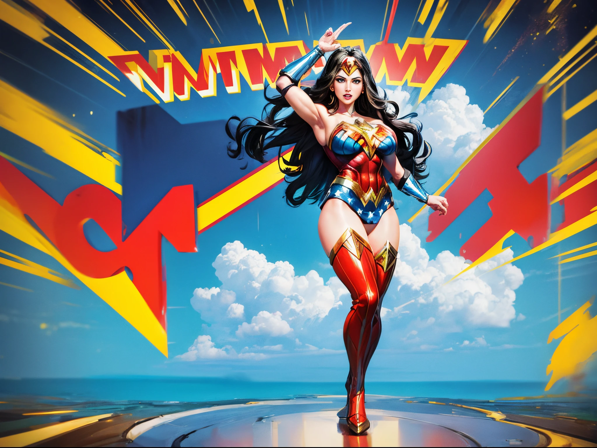 Transform Wonder Woman with enormous tits and Superman with an enormous dick into a pop art icon, with bold, vibrant colors and dynamic shapes, creating a visually striking and energetic composition. (full body:1.5)