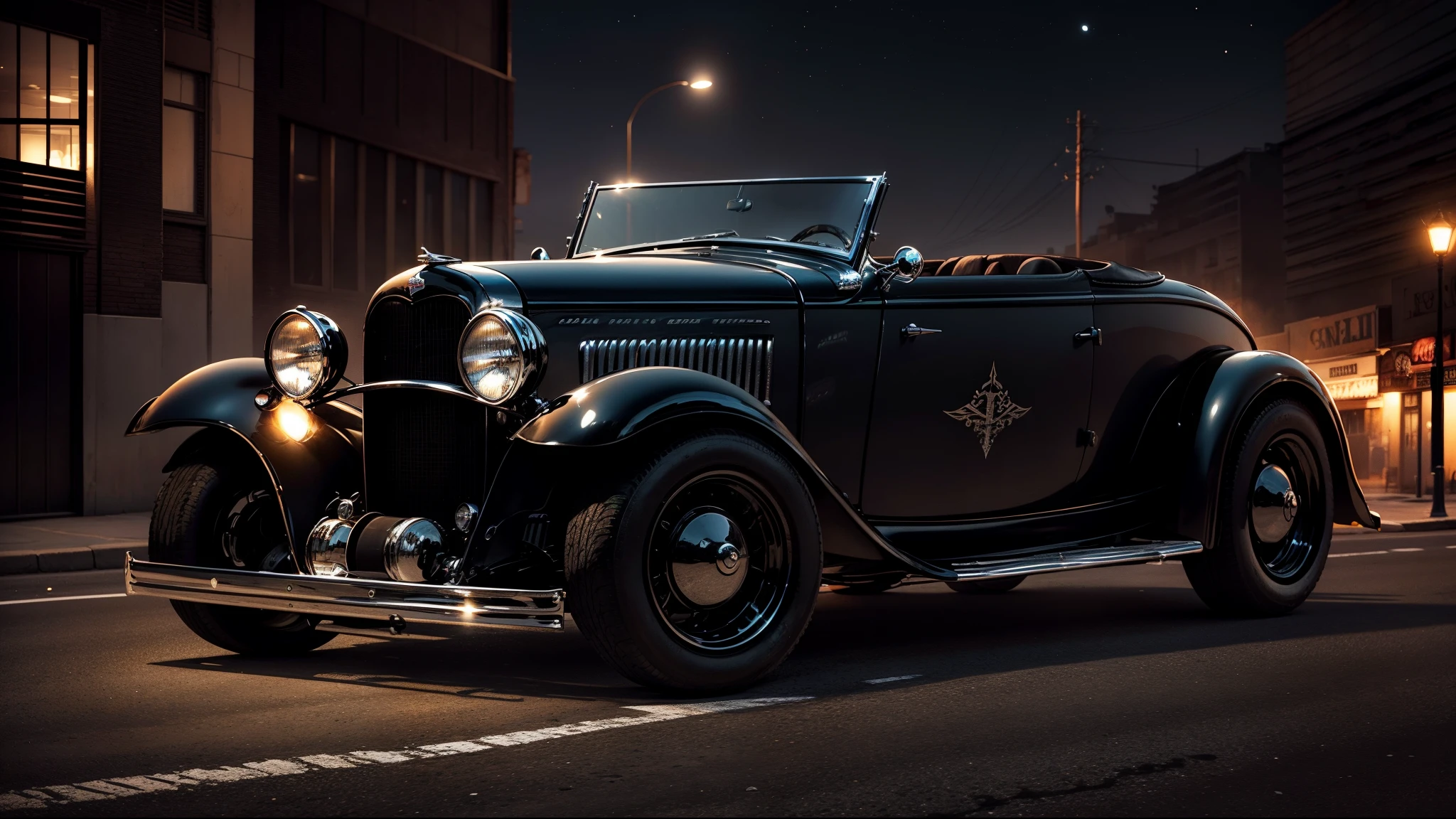 an imposing BLACK 1932 Ford convertible with its headlights on on a street in East Los Angeles on a night full of stars with Saturn appearing with rings and comets crossing the sky and with the full moon illuminated and reflecting objects. Grafitti nos muros e carros e a rua molhada e refletiva com as faixas de pedestre . 1990, estilo gangster