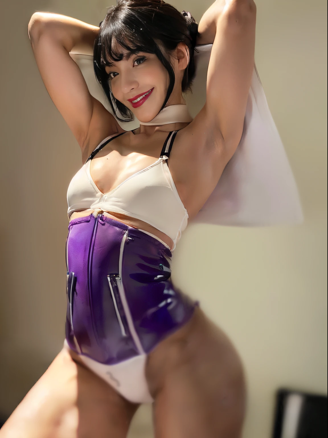 Street、((Two behind-the-scenes shots of you and your delivery guy...、a picture:2guys、You can see the back of the delivery man looking at you、Stand in front of the delivery man、I see the delivery man、Show underarms、Ultra-realistic armpits、Armpit、Navel、Detailed armpit wrinkles、Detailed armpit pores、Realistic armpit skin、Black armpit skin、Black armpits、armpit pose、gazing at viewer、smil、Full body armpits standing facing the viewer、Show both armpits、Wearing a sleeveless sweater and simple little panties、Stand straight facing the front、Show armpits、 (illustratio), (hight resolution), (8K), (ighly detailed), (The best illustrations), (armpit pose、White small panties beautiful detailed eyes), (top-quality), (ultra-detailliert), (masterpiece), (wall-paper), (详细的脸、red lipsticks), (A smile、((40 years,red lipsticks,femele,Show realistic armpits))、Black hair,Bob Heyer,((Woman wearing purple biker patent suit and small white panties、Show the navel)), japanes,(Tall slim body、)