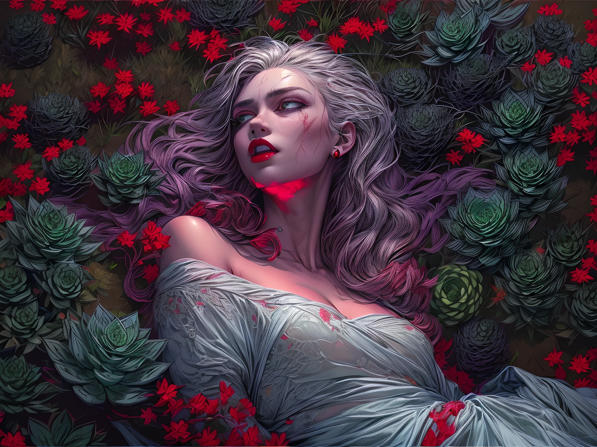 picture of a vampire woman resting in a (black:1.2) and (red:1.2) colored succulents meadow, full body, an exquisite beautiful (ultra detailed, Masterpiece, best quality: 1.4) female vampire woman, dynamic angle (best detailed, Masterpiece, best quality), ultra detailed face (ultra detailed, Masterpiece, best quality), ultra feminine, grey skin, blond hair, wavy hair, dynamic eyes color, cold eyes, glowing eyes, intense eyes, dark red lips, [fangs], wearing white dress, elegant style dress (ultra detailed, Masterpiece, best quality), wearing blue cloak (ultra detailed, Masterpiece, best quality), long cloak, flowing cloak (ultra detailed, Masterpiece, best quality), wearing high heeled boots, resting in (black and red colored succulents meadow: 1.6), succulents dripping blood, full colored, (perfect spectrum: 1.3),( vibrant work: 1.4) vibrant shades of red, and black) moon rising, moon light, its night time, high details, fantasy art, RPG art best quality, 16k, [ultra detailed], masterpiece, best quality, (ultra detailed), full body, ultra wide shot, photorealistic