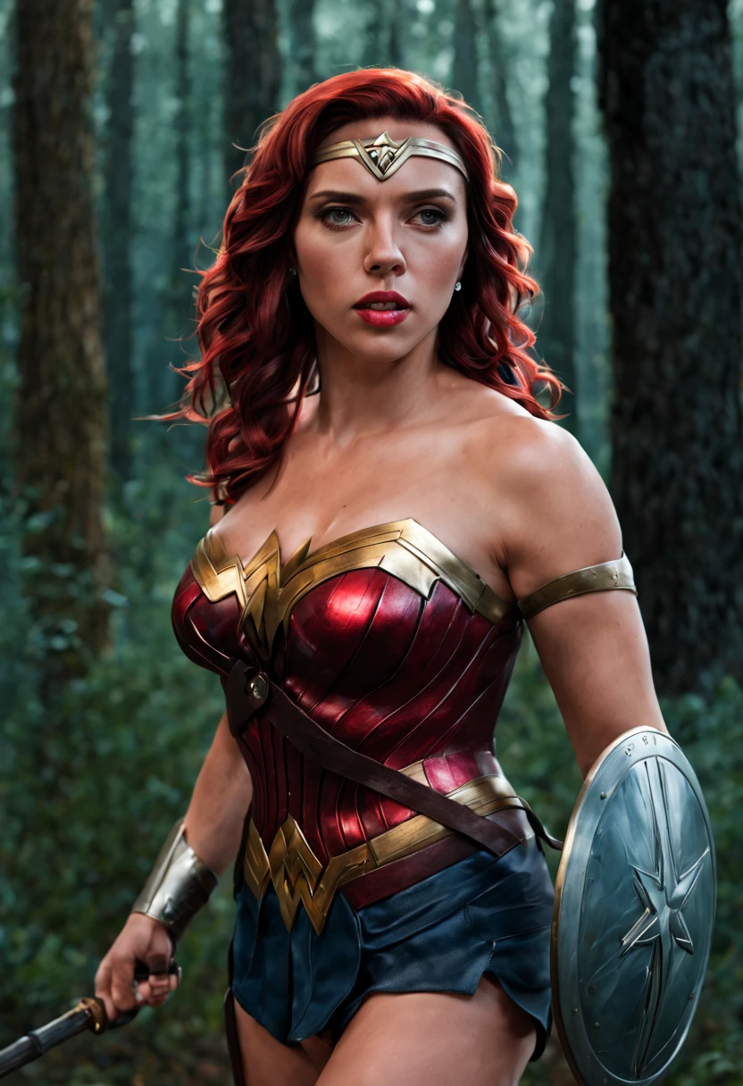 Scarlet Johansson,wonder woman,full body portrait,ultra-realistic,detailed,sexy,intimidating,standing in a forest at night,holding her shield in her right hand,her left hand on her hip,(best quality,4k,8k,highres,masterpiece:1.2),ultra-detailed,(realistic,photorealistic,photo-realistic:1.37),portrait,heroine,dark,dramatic lighting,vibrant colors,fierce expression,soft and flowing hair,reflective surface on shield