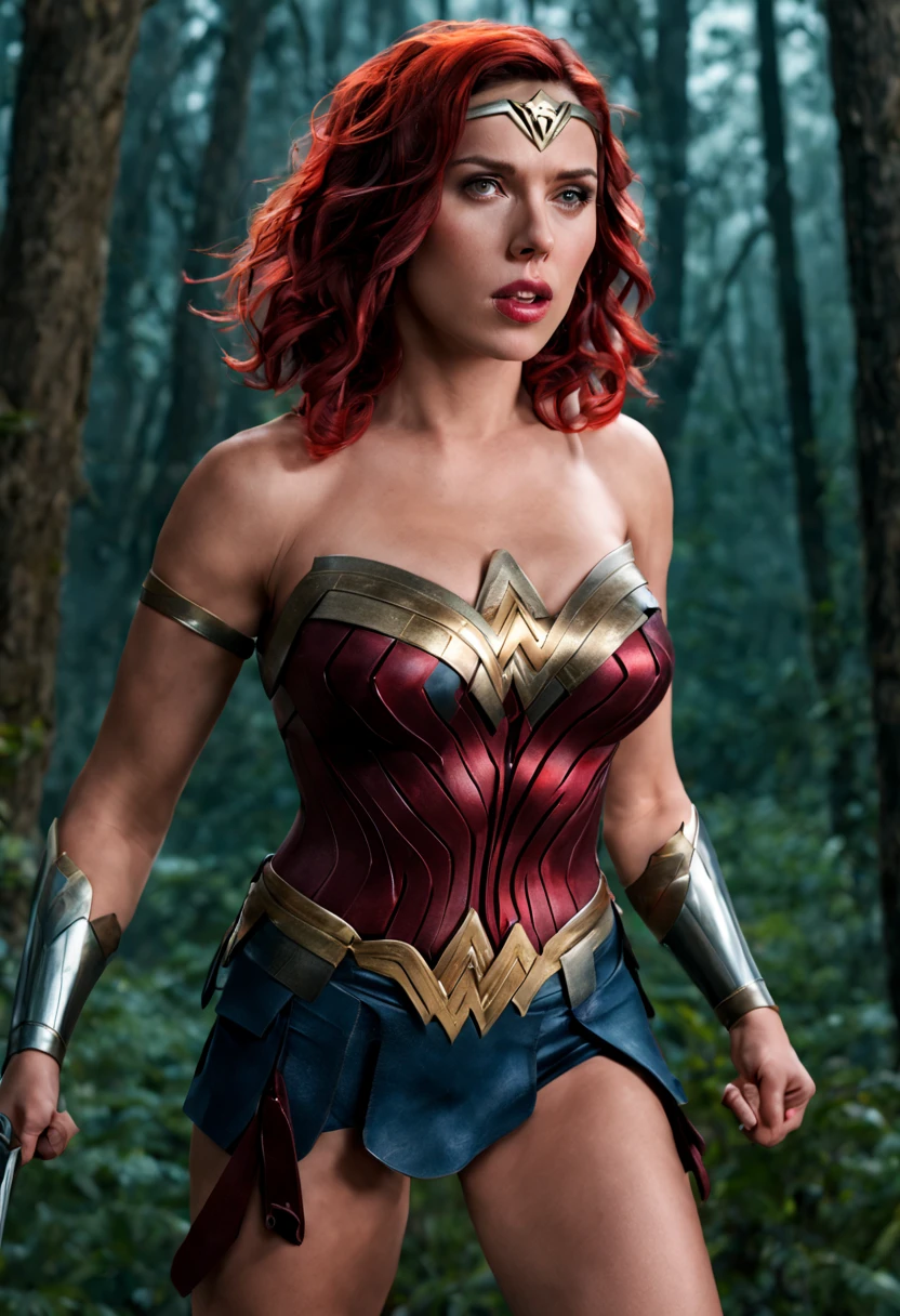 Scarlet Johansson,wonder woman,full body portrait,ultra-realistic,detailed,sexy,intimidating,standing in a forest at night,holding her shield in her right hand,her left hand on her hip,(best quality,4k,8k,highres,masterpiece:1.2),ultra-detailed,(realistic,photorealistic,photo-realistic:1.37),portrait,heroine,dark,dramatic lighting,vibrant colors,fierce expression,soft and flowing hair,reflective surface on shield